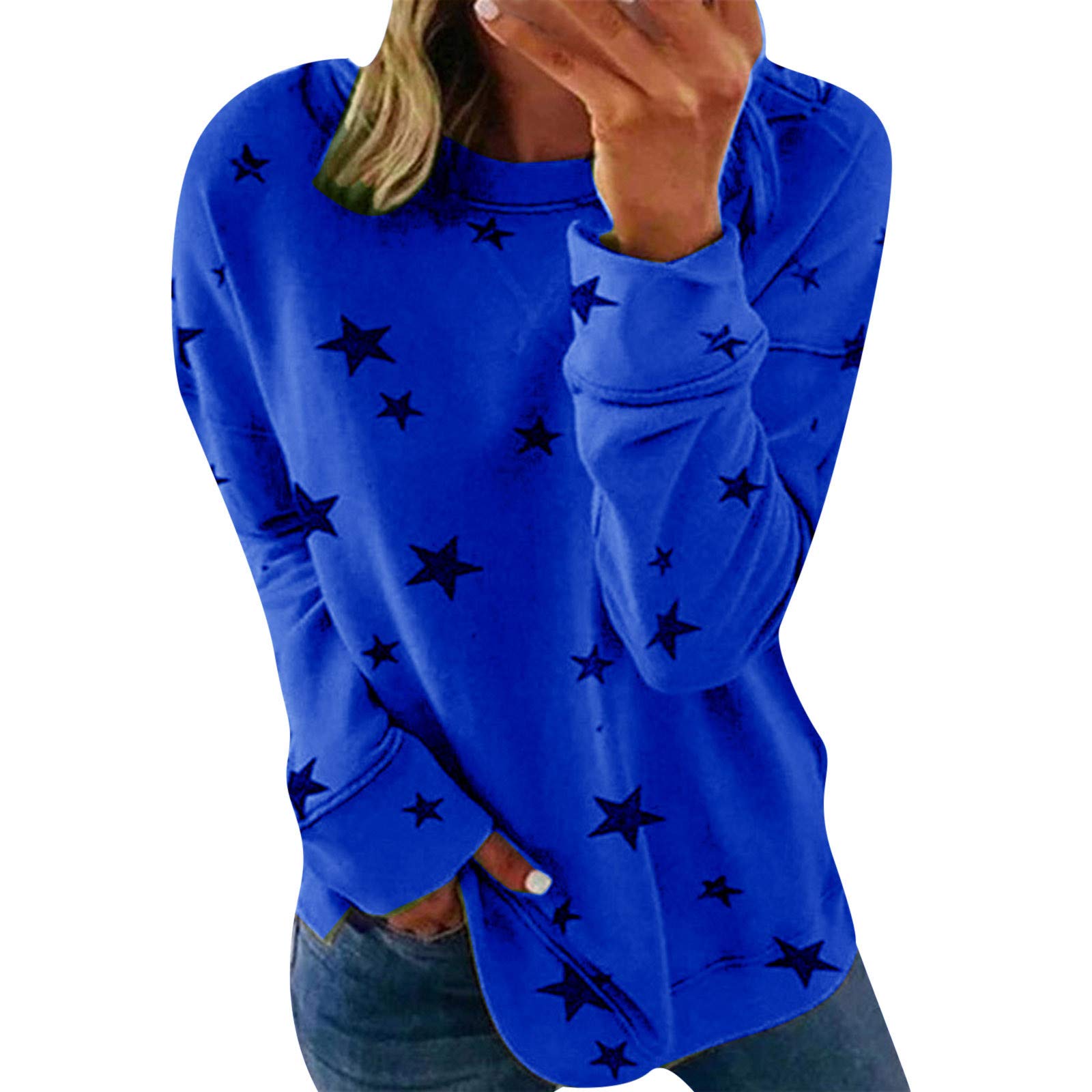 Women's Fashion Patchwork Star Print Blouse - Long Sleeve O-Neck Sweatshirt Top for Casual Wear & Layering | Perfect for Office, Date Night & Weekend Outfits