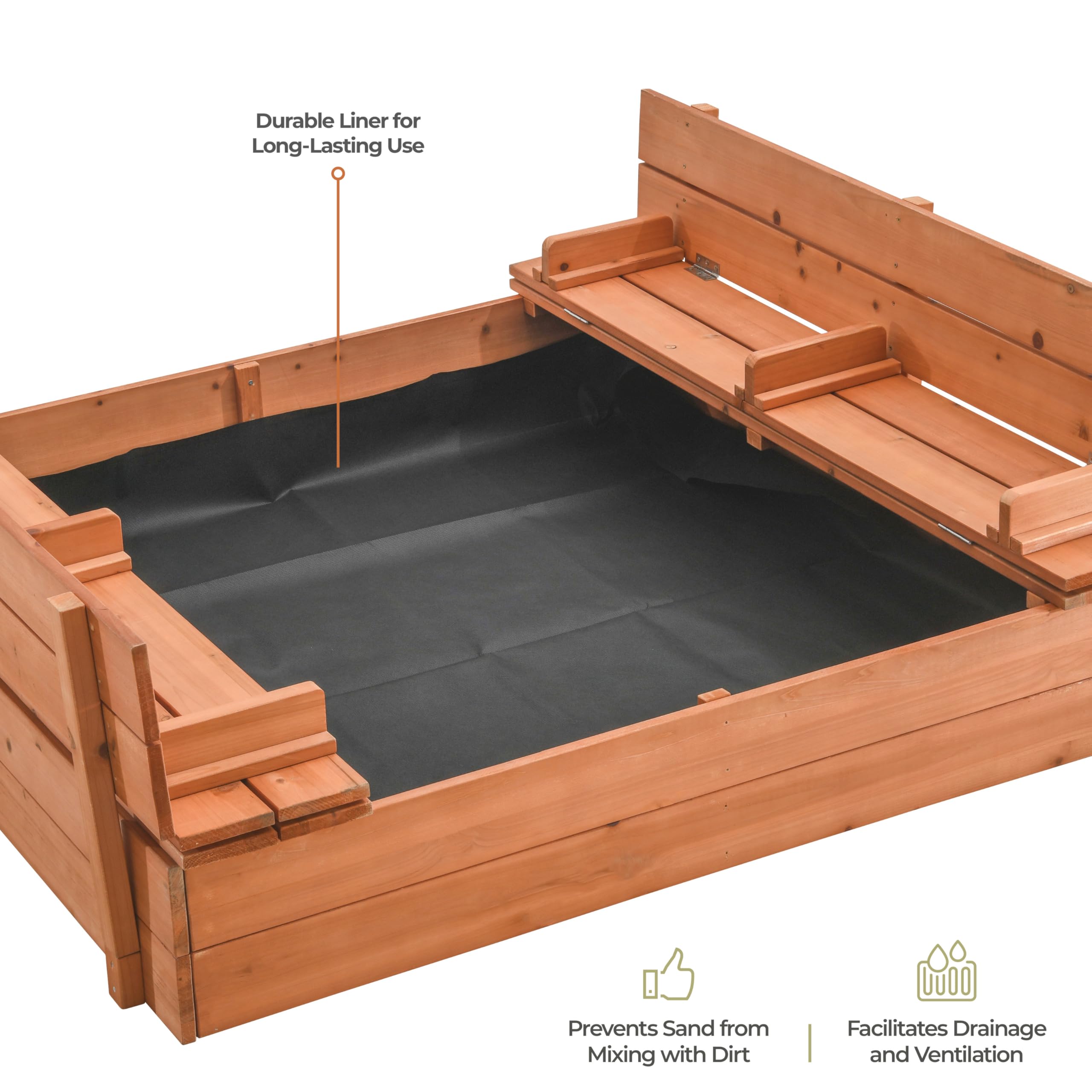 Large Wooden Kids Sandbox with Lid – Outdoor Sand Box with Cover, Foldable Bench Seats & Bottom Liner – Perfect for Backyard, Garden & Playground Sand Play