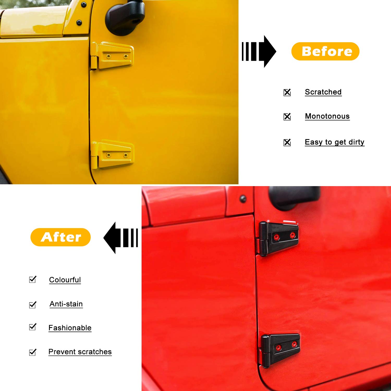 2007-2018 Jeep Wrangler JK JKU 2&4 Door Exterior Door Hinge Cover Trim - 8PCS Black Accessories for Off-Road & Daily Driving Protection