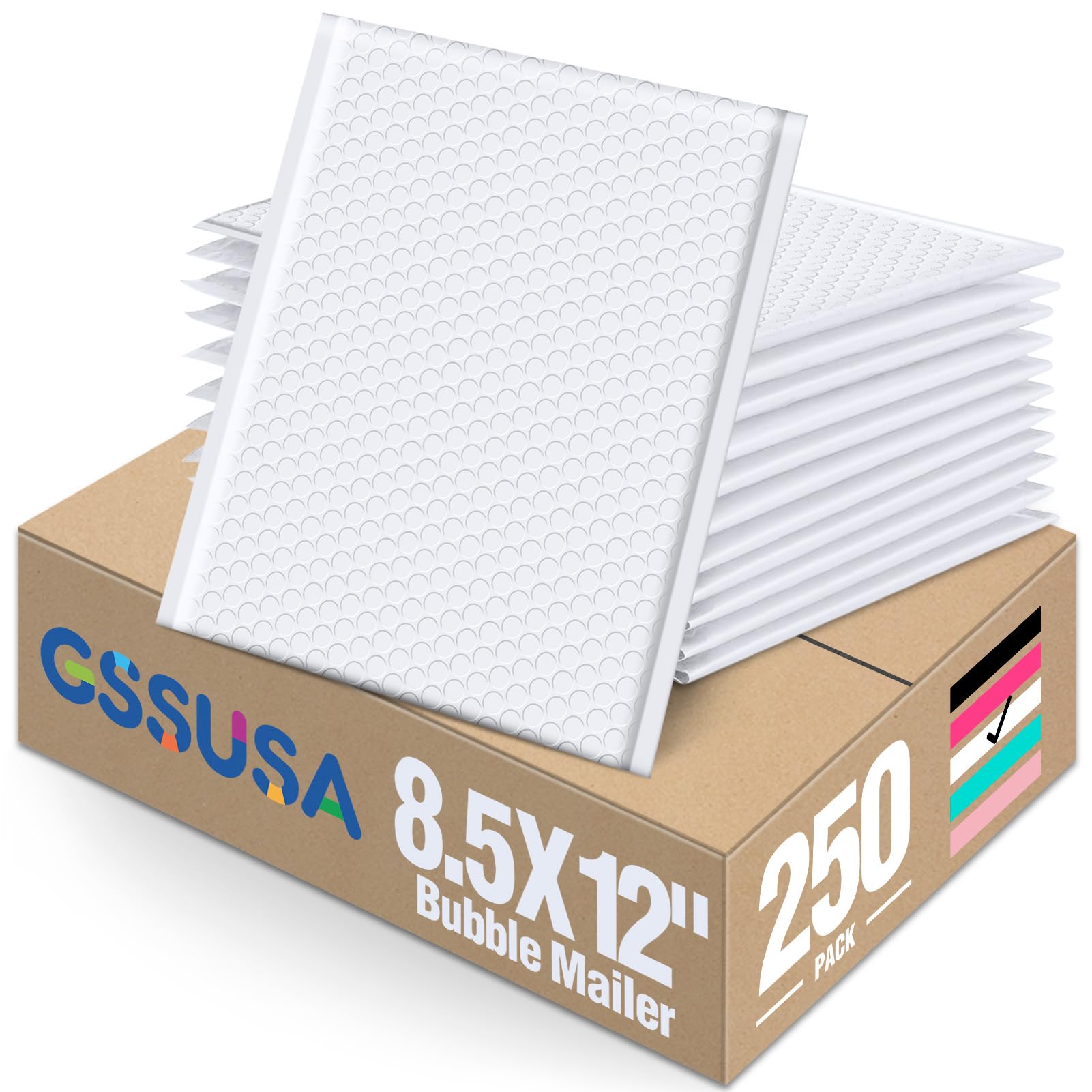 GSSUSA 8.5x12 Inch White Bubble Mailers 250 Pack - Large Padded Self-Seal Envelopes with Strong Adhesion for Shipping Clothes, Magazines, Books & Small Items - Perfect for Ecommerce, Amazon FBA & Online Sellers