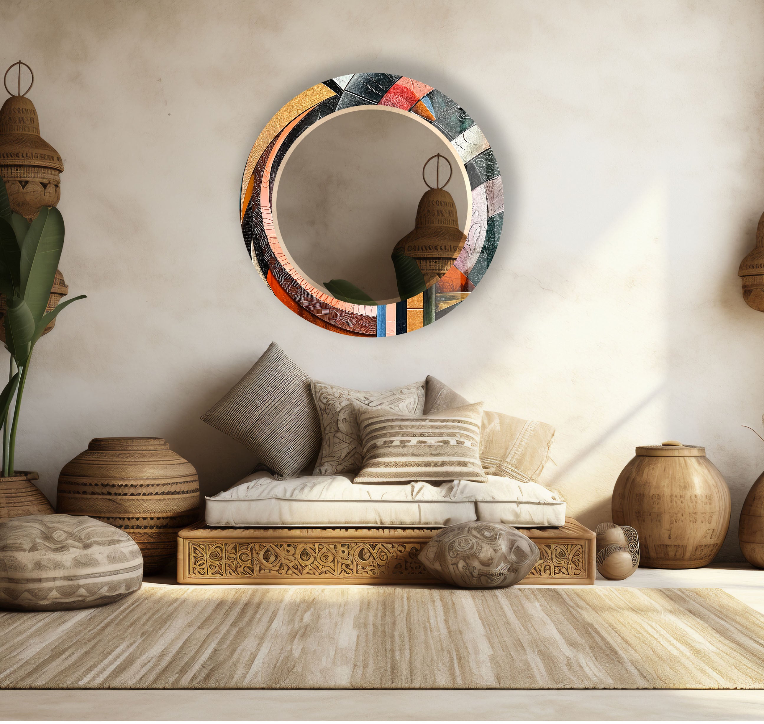 Vibrant Mosaic Round Wall Mirror with Artistic Glass Frame - Elegant Home Decor for Living Room, Bedroom & Bathroom | Perfect for Modern Interior Design & Stylish Home Accents