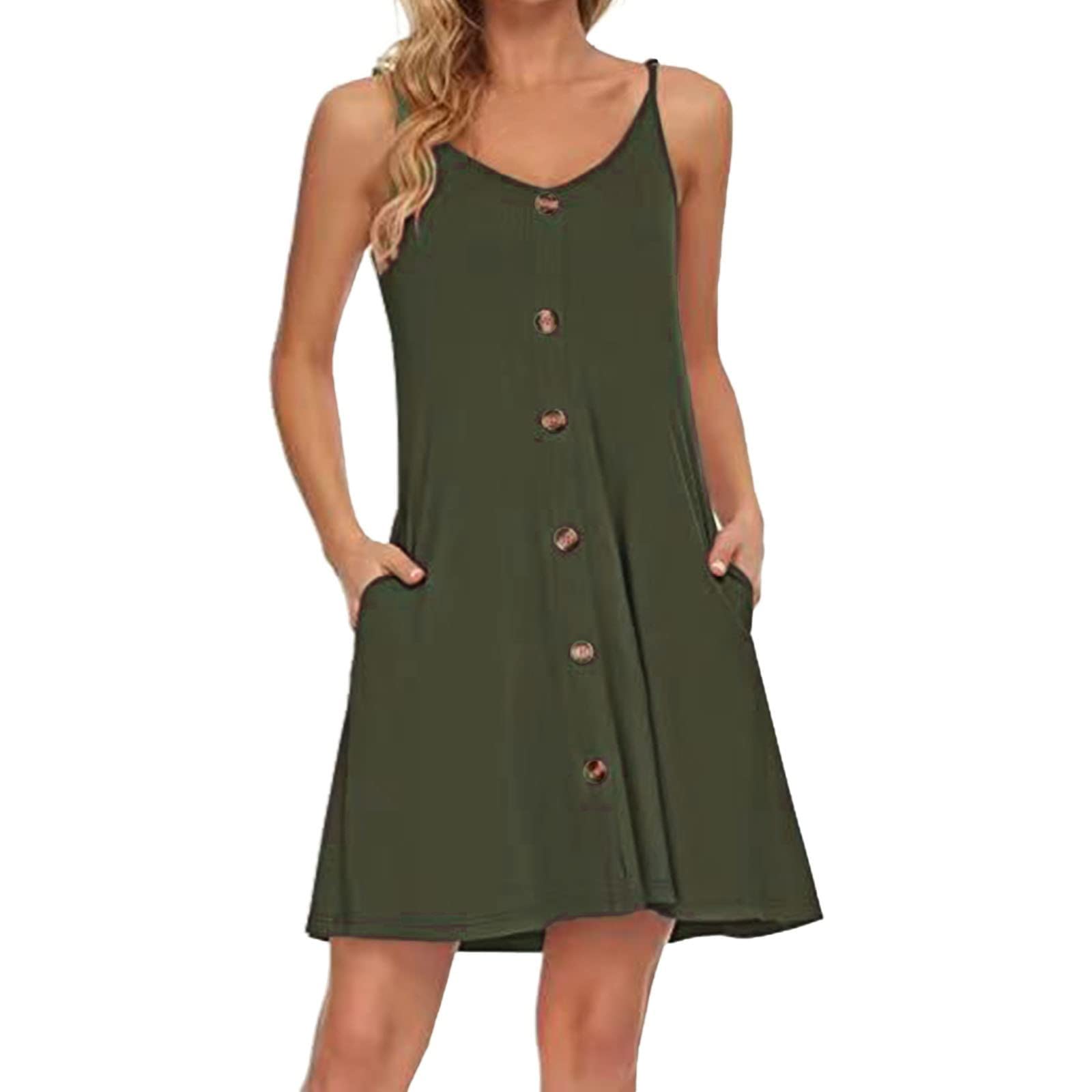 Rikrel Women's Summer Dresses 2022 - Casual Sleeveless Button Down Slip Dress with Print, Comfortable & Sexy, Army Green | Perfect for Beach Vacations, Date Nights & Summer Parties