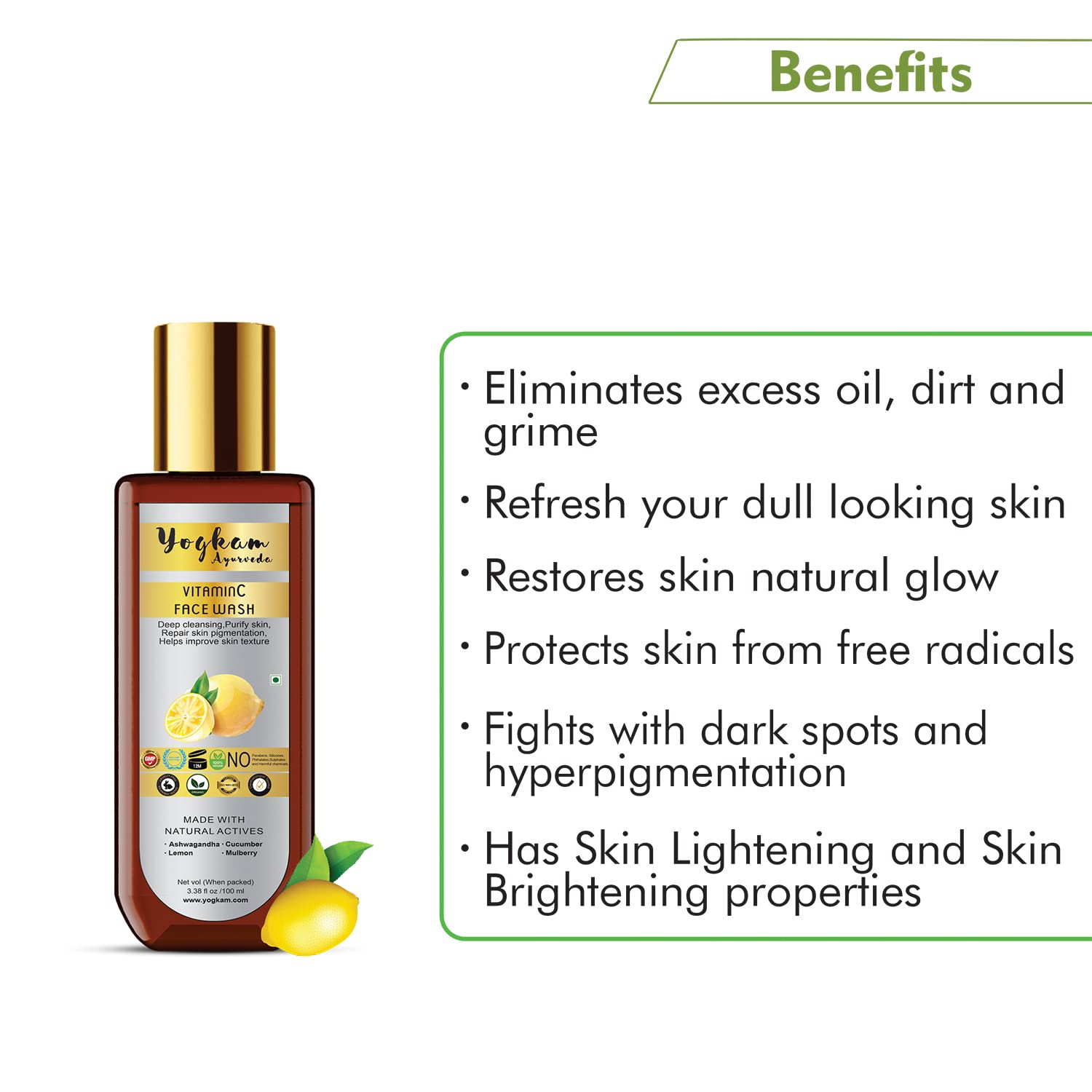 YogKam Ayurveda Vitamin C Face Wash for Glowing Skin - 100ml | Brightening & Anti-Aging Cleanser | Perfect for Daily Skincare Routine & Acne-Prone Skin