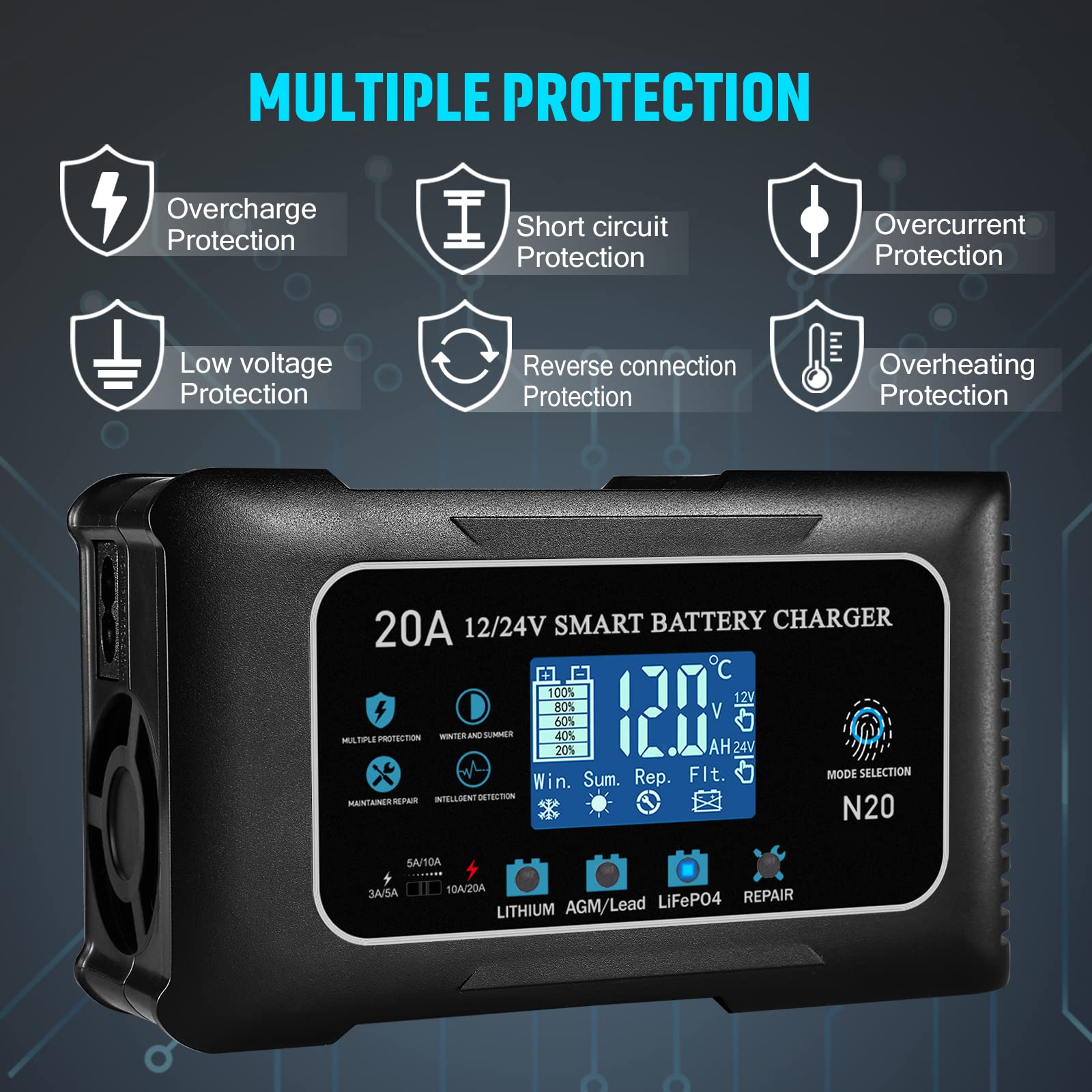 20A LiFePO4 Lithium & AGM Gel Smart Battery Charger - 12V/20A & 24V/10A Trickle Charger Maintainer for Car, Boat, Motorcycle, Lawn Mower - Perfect for RV, Marine, ATV & Seasonal Vehicle Storage