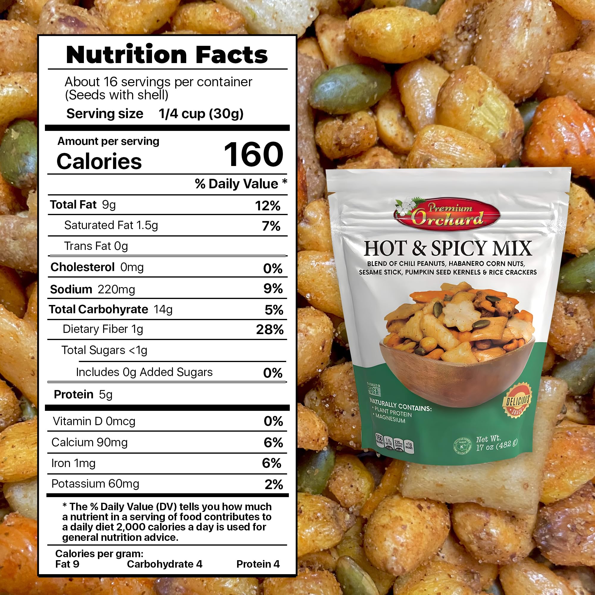 Hot & Spicy Mixed Nuts Snack Pack - Chili Peanuts, Habanero Corn Nuts, Sesame Sticks, Pumpkin Seeds & Rice Crackers | Gluten Free, Non-GMO Healthy Snacks | 17oz Resealable Bag | Perfect for Office, Travel & Movie Nights