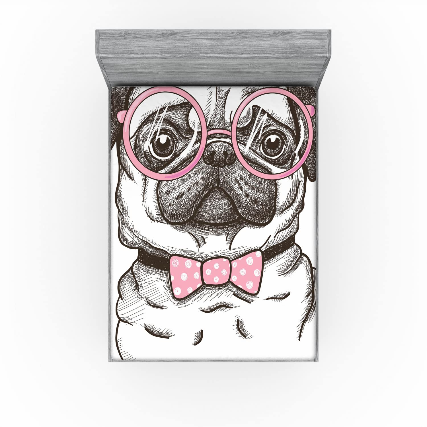 Ambesonne Pug Fitted Sheet - Full Size Pet Dog Bed Cover with Deep Pocket for Home Comfort