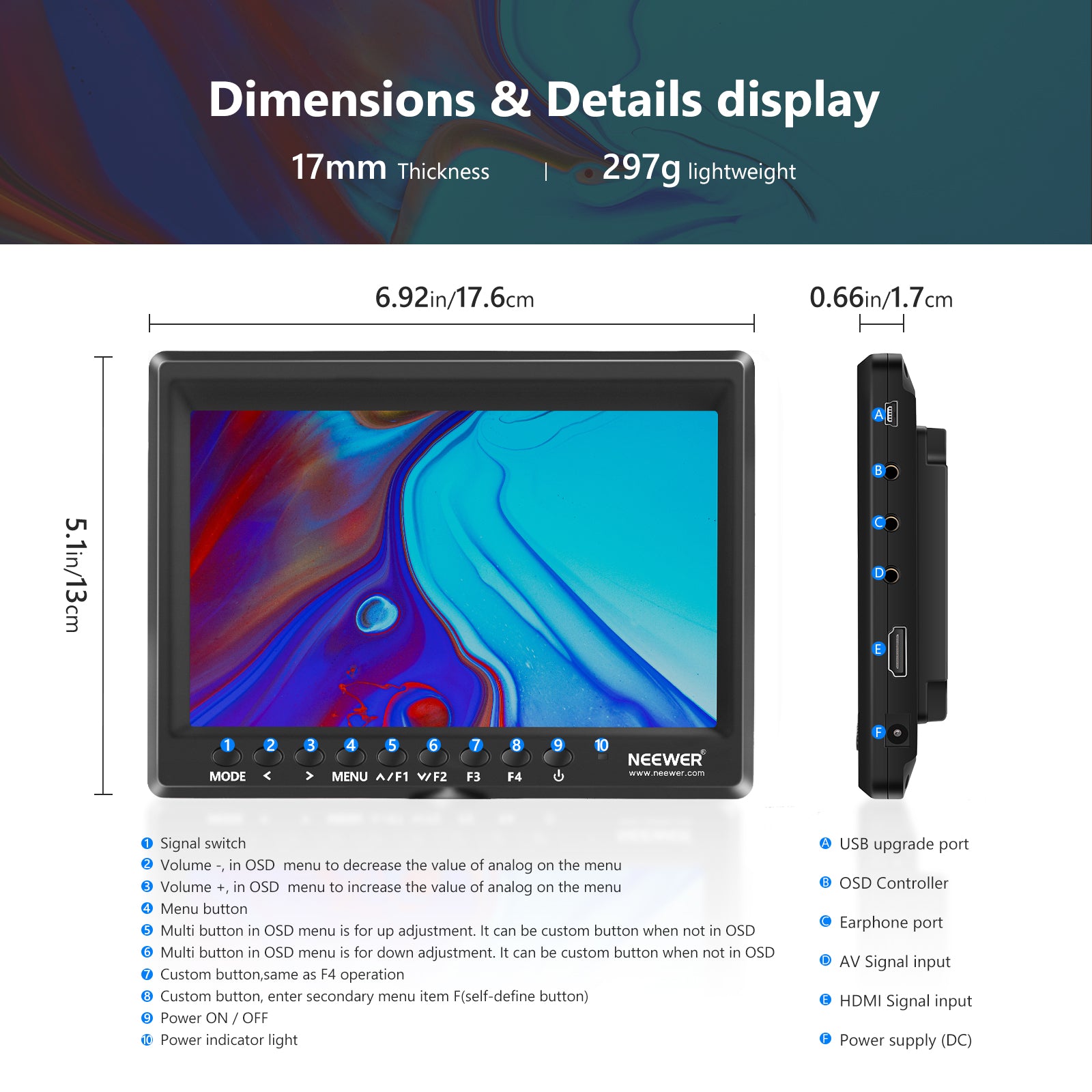 NEEWER F100 7 Inch HD Camera Field Monitor with Sunshade - Professional DSLR Video Monitor for Filmmaking, Photography & Vlogging - Ideal for Outdoor Shooting & Studio Production
