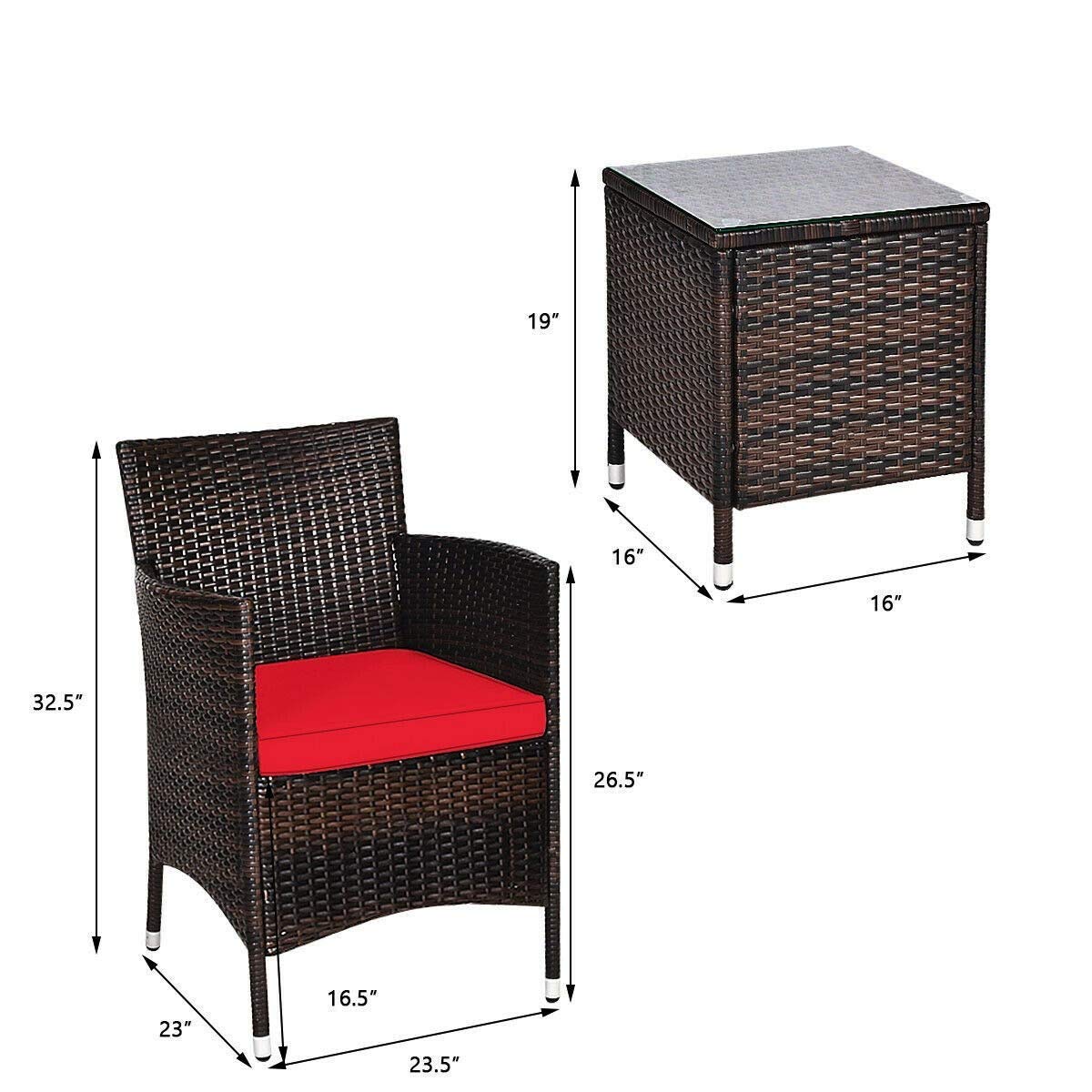 HPW 3-Piece Outdoor Patio Furniture Set with 2 Rattan Chairs & Tempered Glass Coffee Table - Red Cushions for Backyard, Deck, Balcony, Poolside & Outdoor Living Spaces | Perfect for Relaxing, Entertaining & Lounging