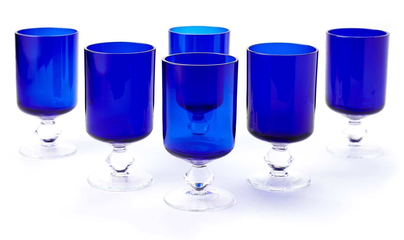 Blue Rose Polish Pottery Cobalt Hurricane Wine Glasses - Set of 6 Handcrafted Stemware for Elegant Dinner Parties, Weddings & Home Decor