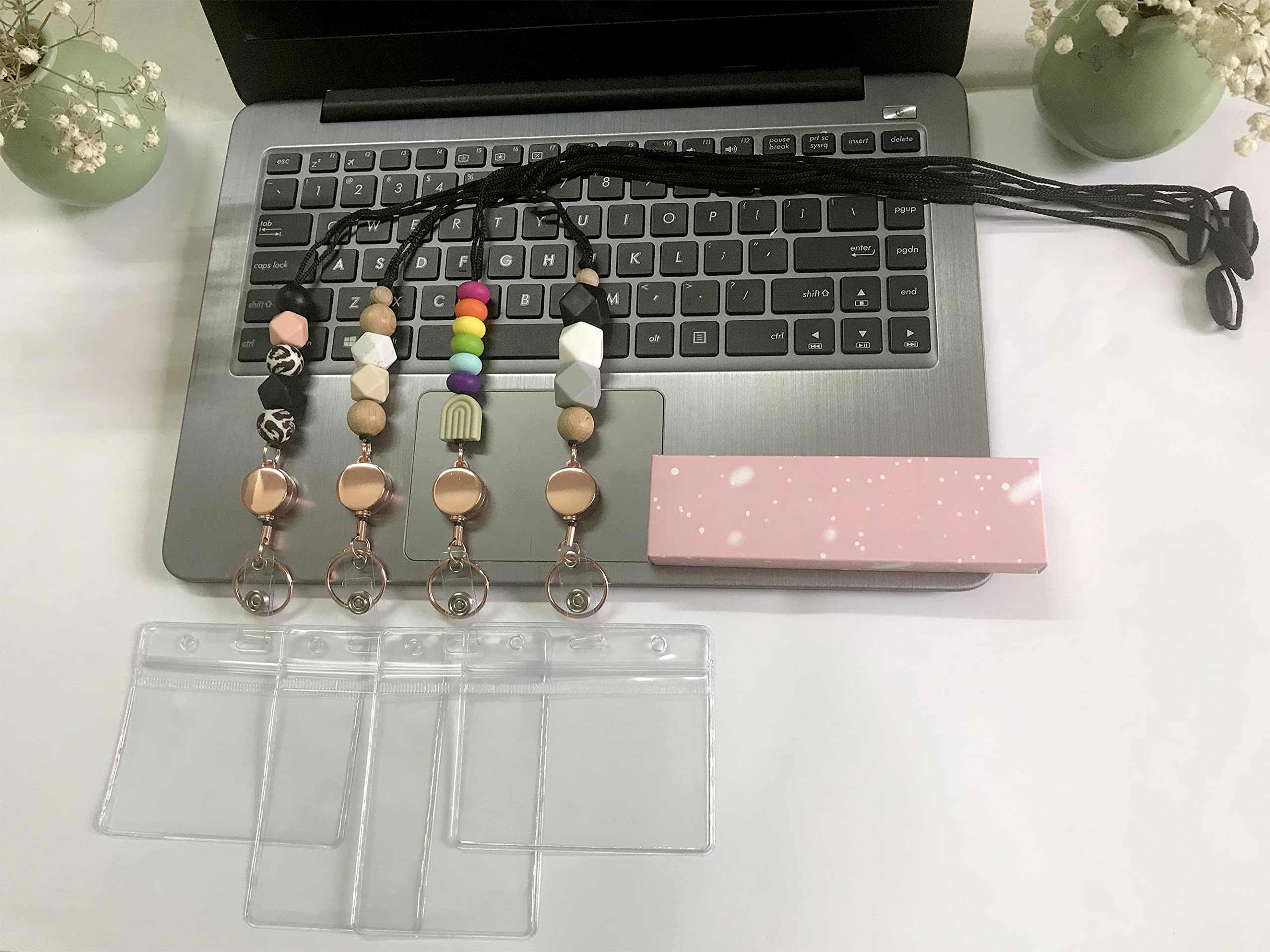 Retractable ID Lanyard for Badges & Keys - Silicone Beaded for Women, Nurses, Office - with 6 Card Holders for Work & School