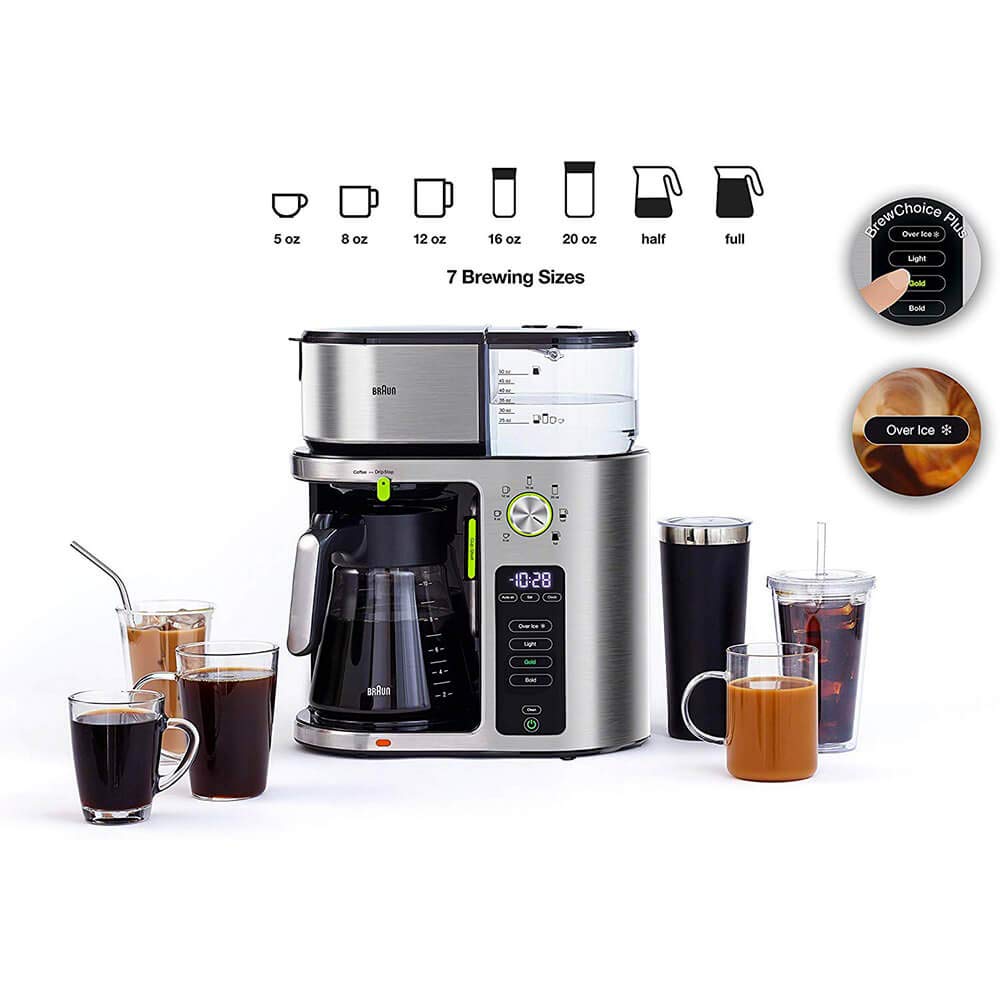Braun MultiServe Coffee Maker with 7 Programmable Brew Sizes & 3 Strength Options - Iced Coffee & Hot Water Dispenser for Tea - 10-Cup Glass Carafe (KF9150WH, White) - Perfect for Home, Office & Entertaining Guests