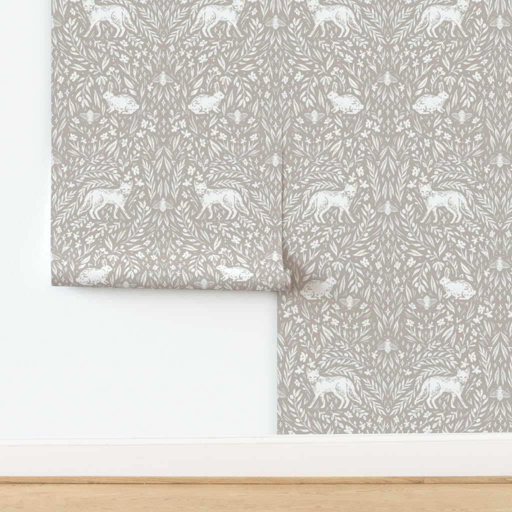 Scandinavian Woodland Ivory Tan Forest Rabbits Removable Wallpaper - 12ft x 2ft Pre-Pasted Peel & Stick Wallpaper for Nursery, Bedroom, Living Room Decor by Spoonflower