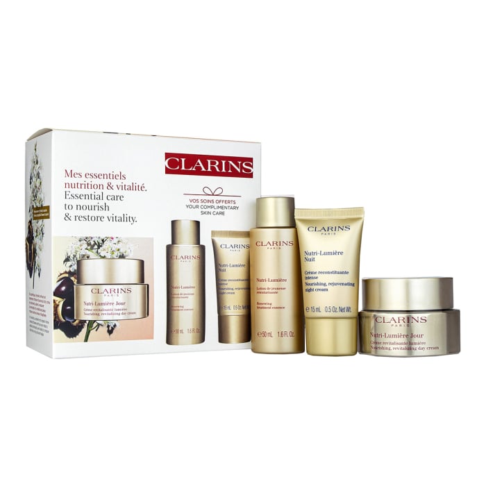 Clarins Nutri-Lumière Starter Kit - Day Cream 50ml + Treatment Essence 50ml + Night Cream 15ml - Anti-Aging Skincare Set for Radiant Skin | Perfect for Daily Hydration & Night Repair Routine