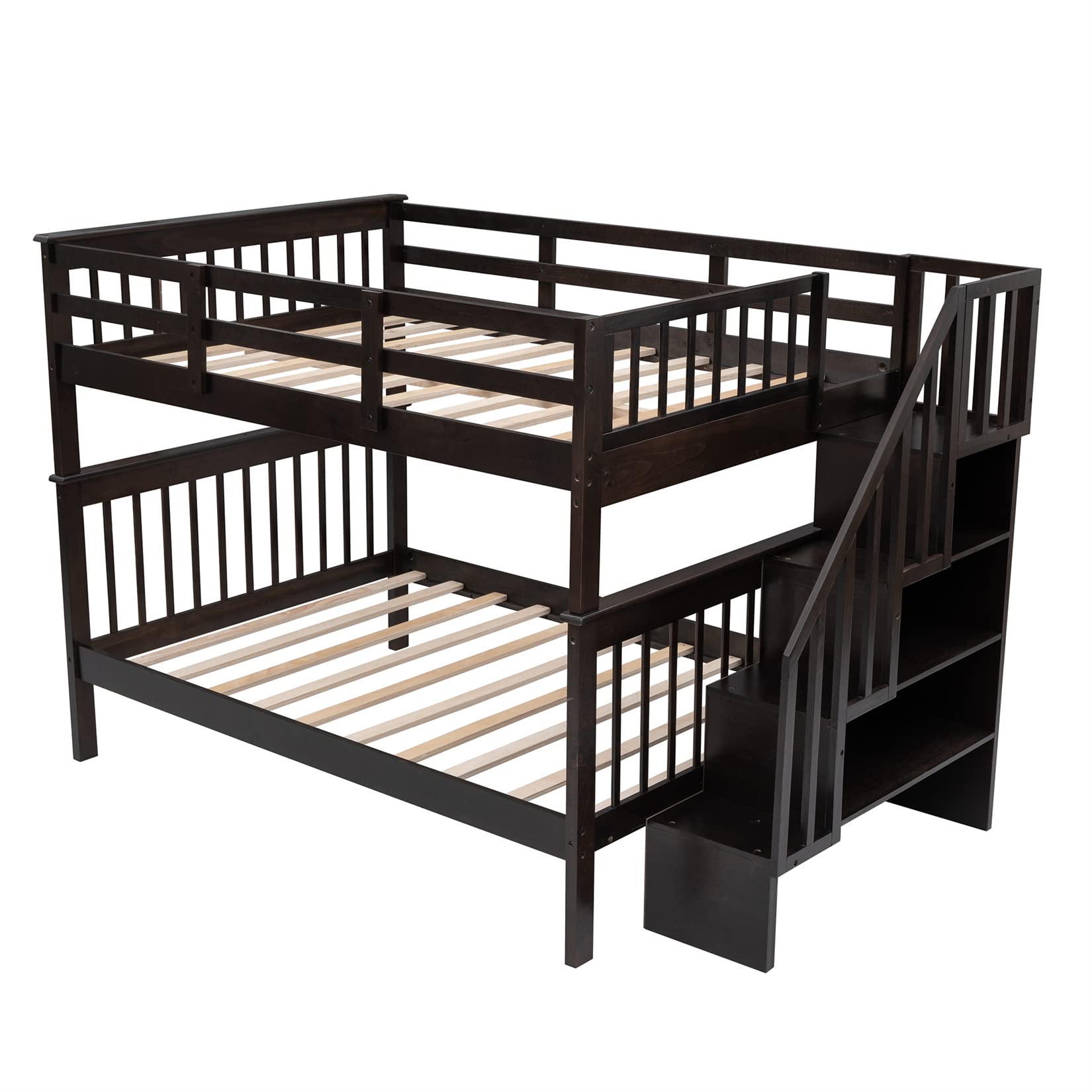 Full Over Full Bunk Beds with Shelves & Stairs - Wooden Bunk Bed Frame with Storage for Kids, Teens & Adults - Detachable Design for Boys, Girls, Women & Men - Espresso Finish - Perfect for Small Bedrooms, Guest Rooms & Shared Kids' Rooms