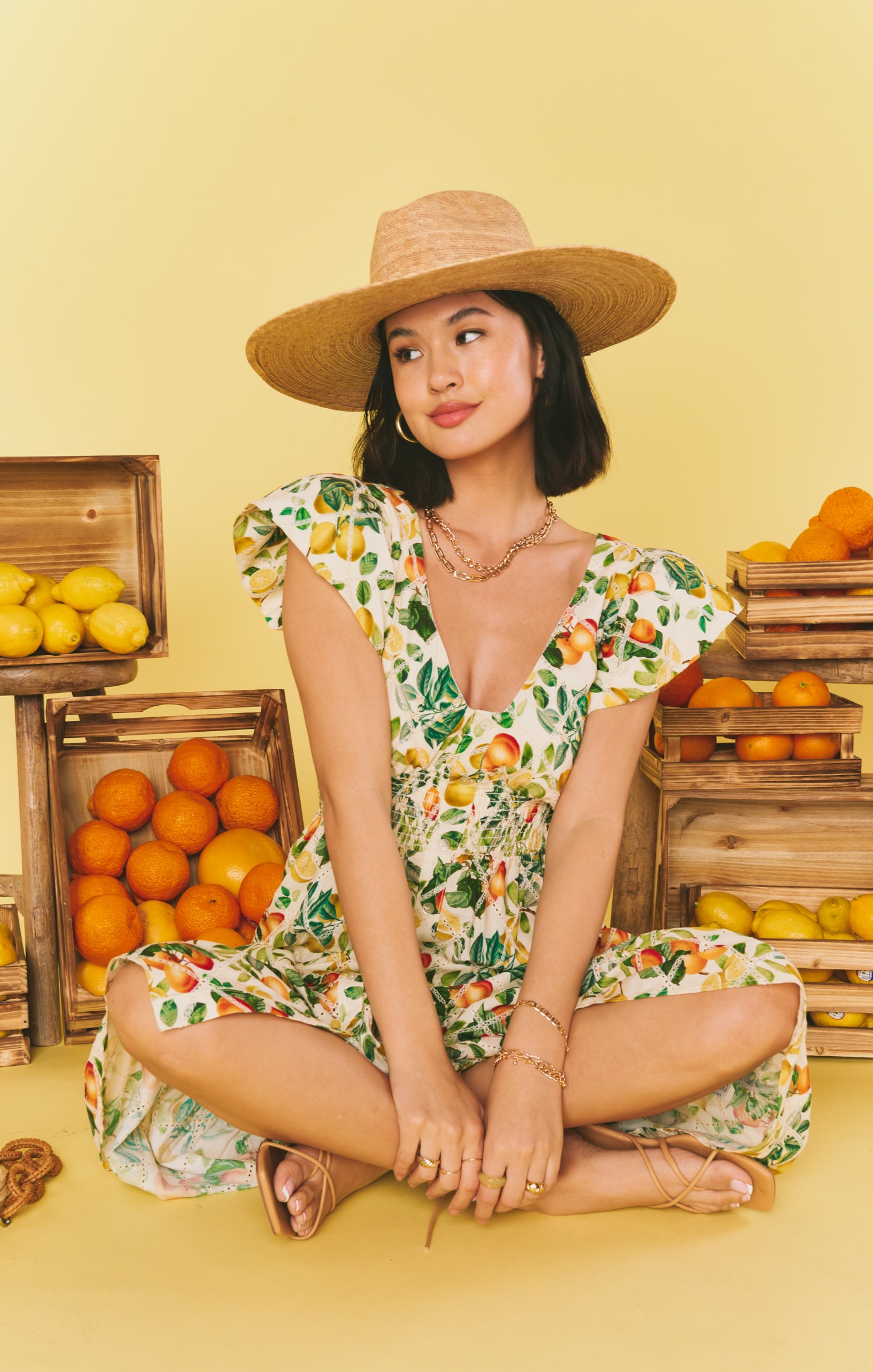Elegant Citrus Print Midi Dress for Women - Perfect for Lunch Dates, Brunch & Summer Outfits | Flowy Georgia-Inspired Floral Dress