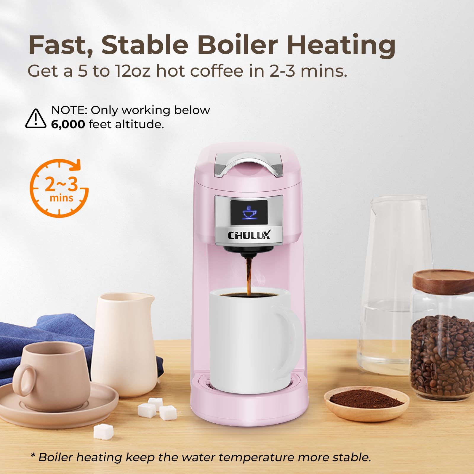 CHULUX Classic Single Serve Coffee Maker for K-Cup Pods - One-Touch Brewing for Office, RV, Travel & Dorm - Compact & Portable Pink Coffee Machine - Perfect for Home, Camping & Small Spaces