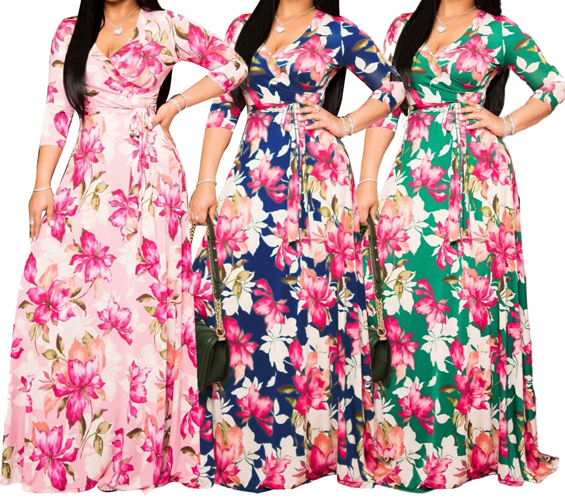 JTNFairy Women's Floral Print Long Maxi Dress - Plus Size Casual & Party Outfits for Beach, Wedding & Summer Vacations