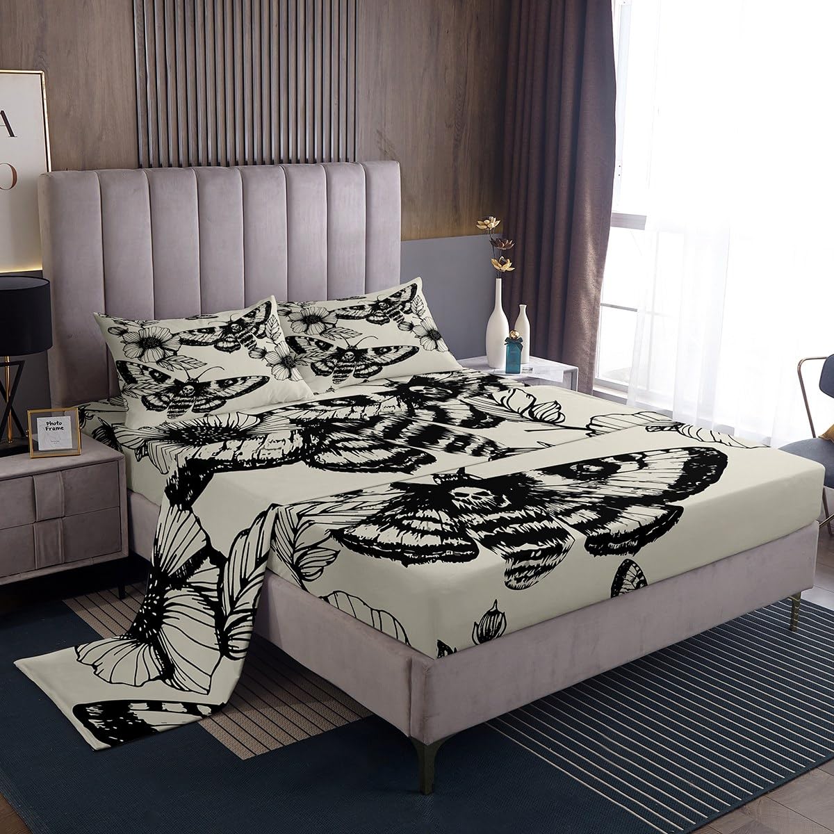 Gothic Skull Bedding Set - Death Moth & Floral Print Queen Size Sheets | Breathable Black & Cream Skeleton Bone Design for Teens & Adults | Perfect for Halloween Decor, Dark Aesthetic Bedroom & Gothic Home Decor