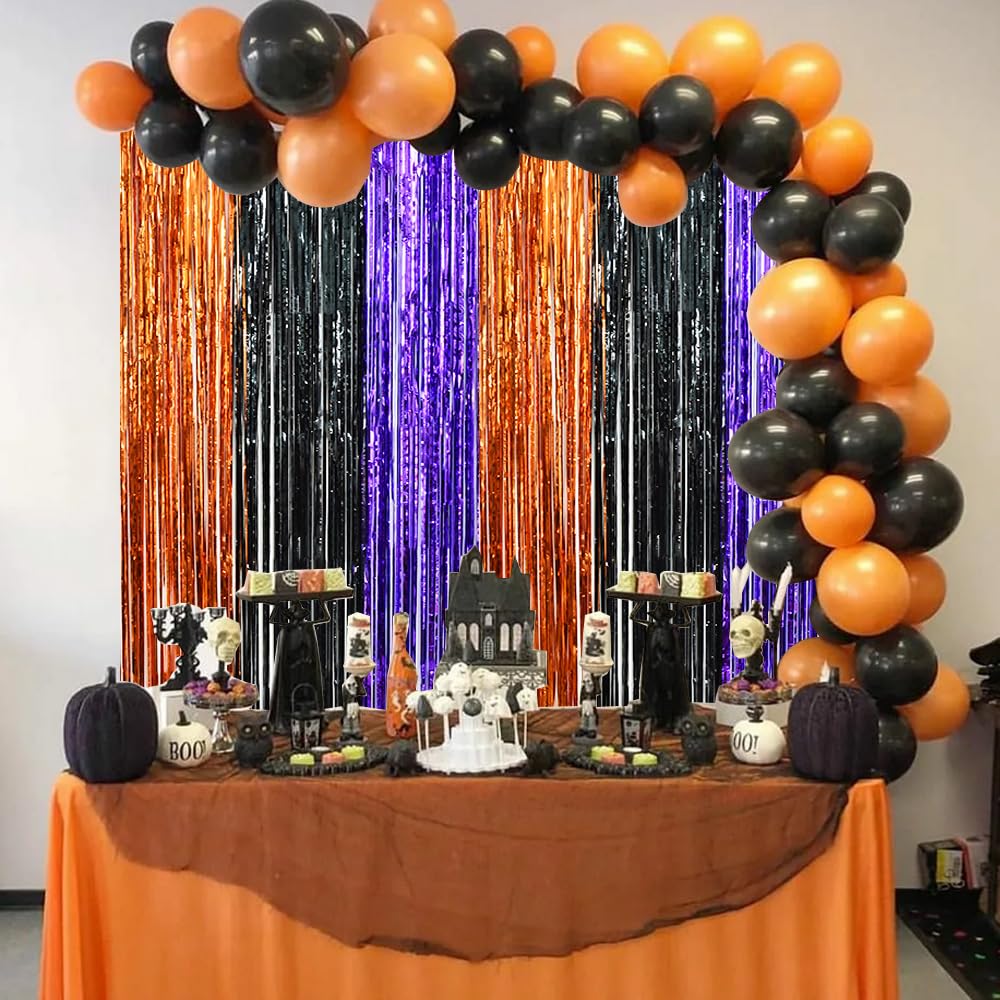 BEISHIDA 3 Pack Tinsel Curtain Party Streamers - Halloween Door Decor, Foil Fringe Backdrop for Parties (3.28ft x 6.56ft) | Orange, Black, Purple | Perfect for Halloween, Birthday, Wedding & Photo Booth Backgrounds