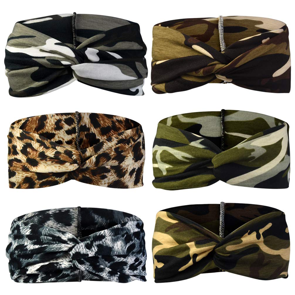6-Piece Camo Leopard Print Elastic Headbands - Stretchy Bow Hairbands & Turban Twisted Head Wraps for Women & Girls - Perfect for Running, Sports, Travel & Workouts - Fashionable Hair Accessories for Gym, Yoga & Outdoor Activities