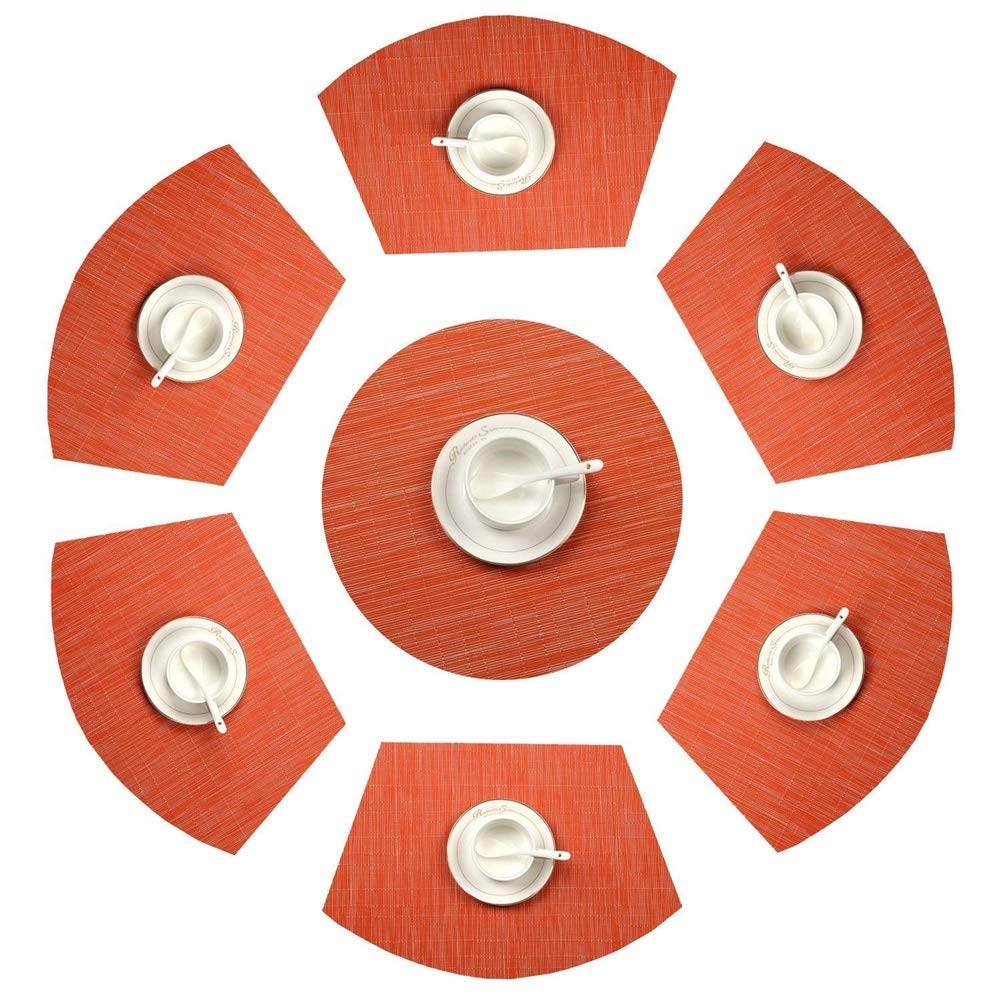 Premium Woven Vinyl Wedge Placemats Set - 1 Round Centerpiece + 6 Wedge Placemats, Heat Resistant & Easy Clean Table Mats for Dining Room Decor, Orange - Perfect for Holiday Dinners, Family Gatherings & Formal Dining Settings