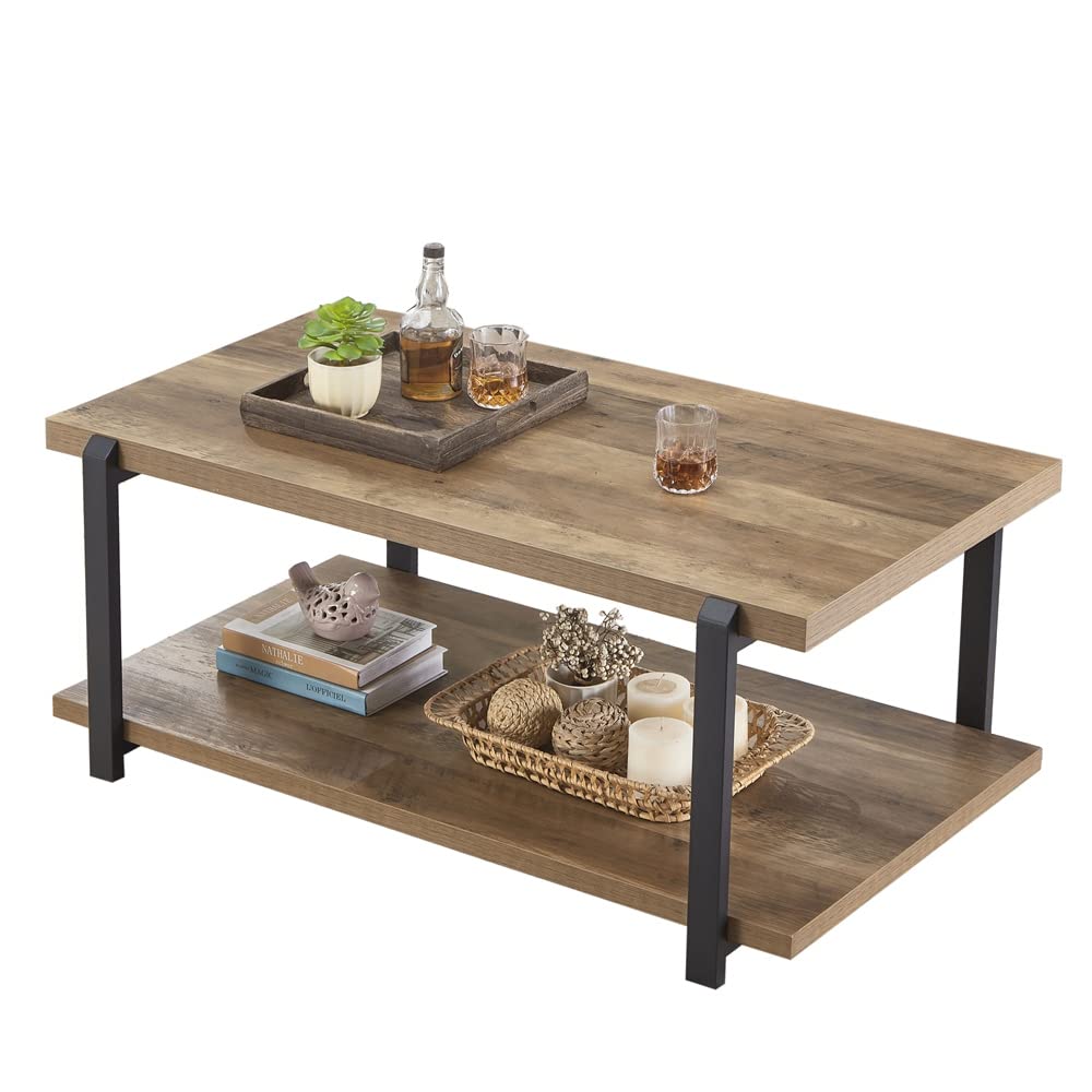 Rustic Industrial Coffee Table with Shelf - Solid Wood and Metal Cocktail Table for Living Room, Bedroom, Office - Oak Finish, Farmhouse Style Home Decor