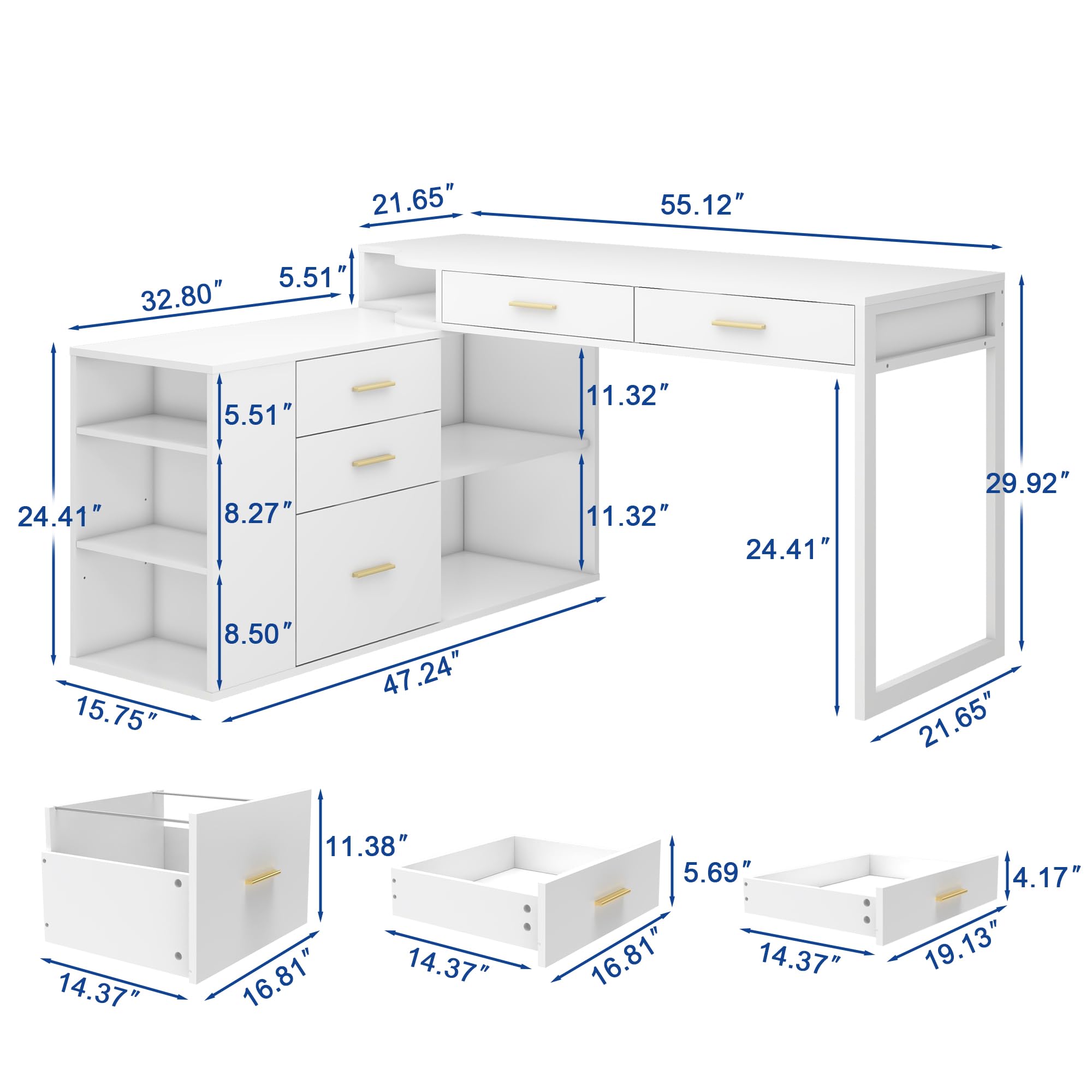 Modern L-Shaped Desk with 5 Drawers & Adjustable Shelves - 55 Inch Executive Office Desk, Wooden Computer Writing Table with File Storage Cabinet for Home Office - Perfect for Small Spaces & Remote Work Setup