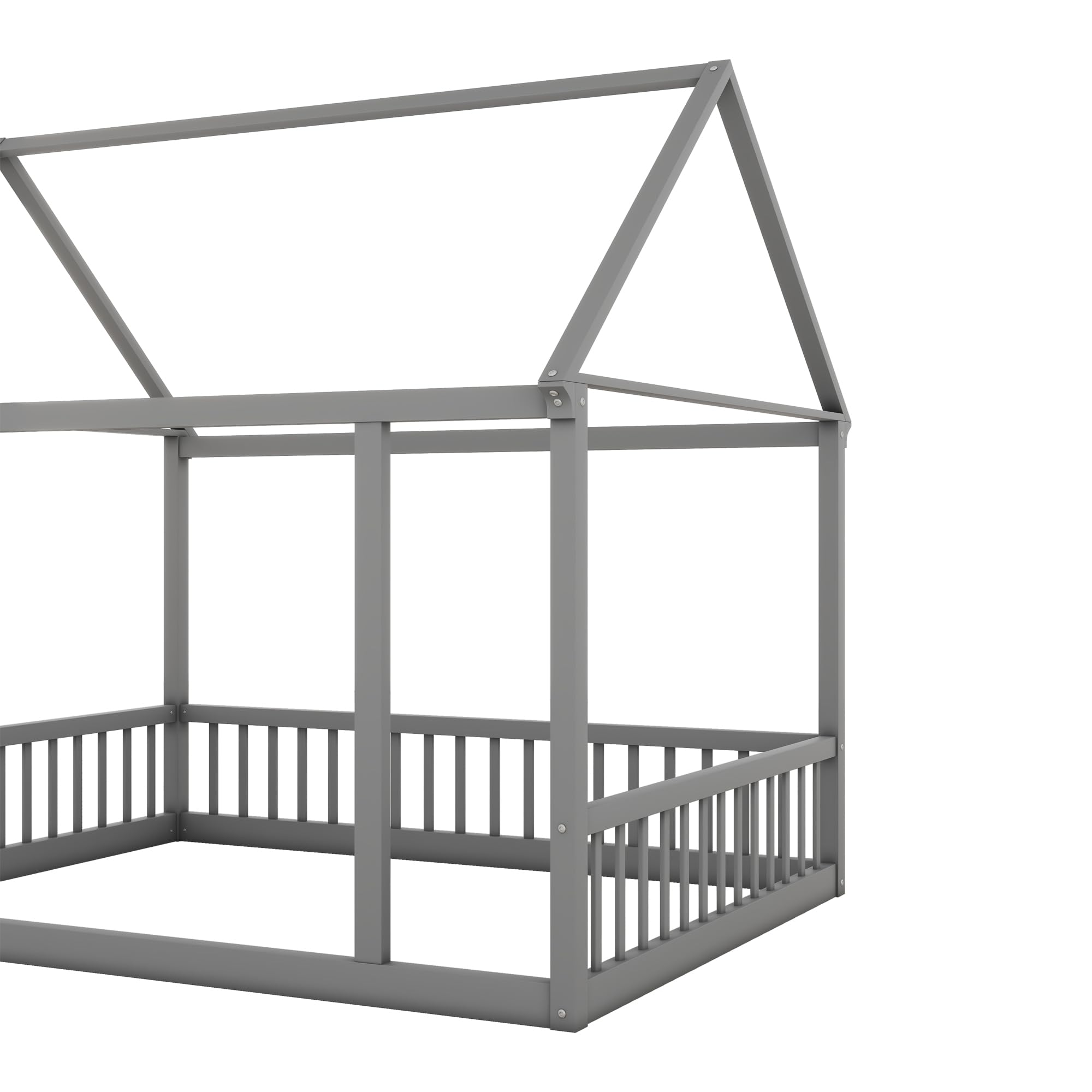Bellemave Full Size Wooden Floor Bed for Kids - Montessori House Bed Frame with Safety Fence, Playhouse Design for Boys & Girls (Gray) - Perfect for Bedrooms, Playrooms & Montessori Learning Spaces