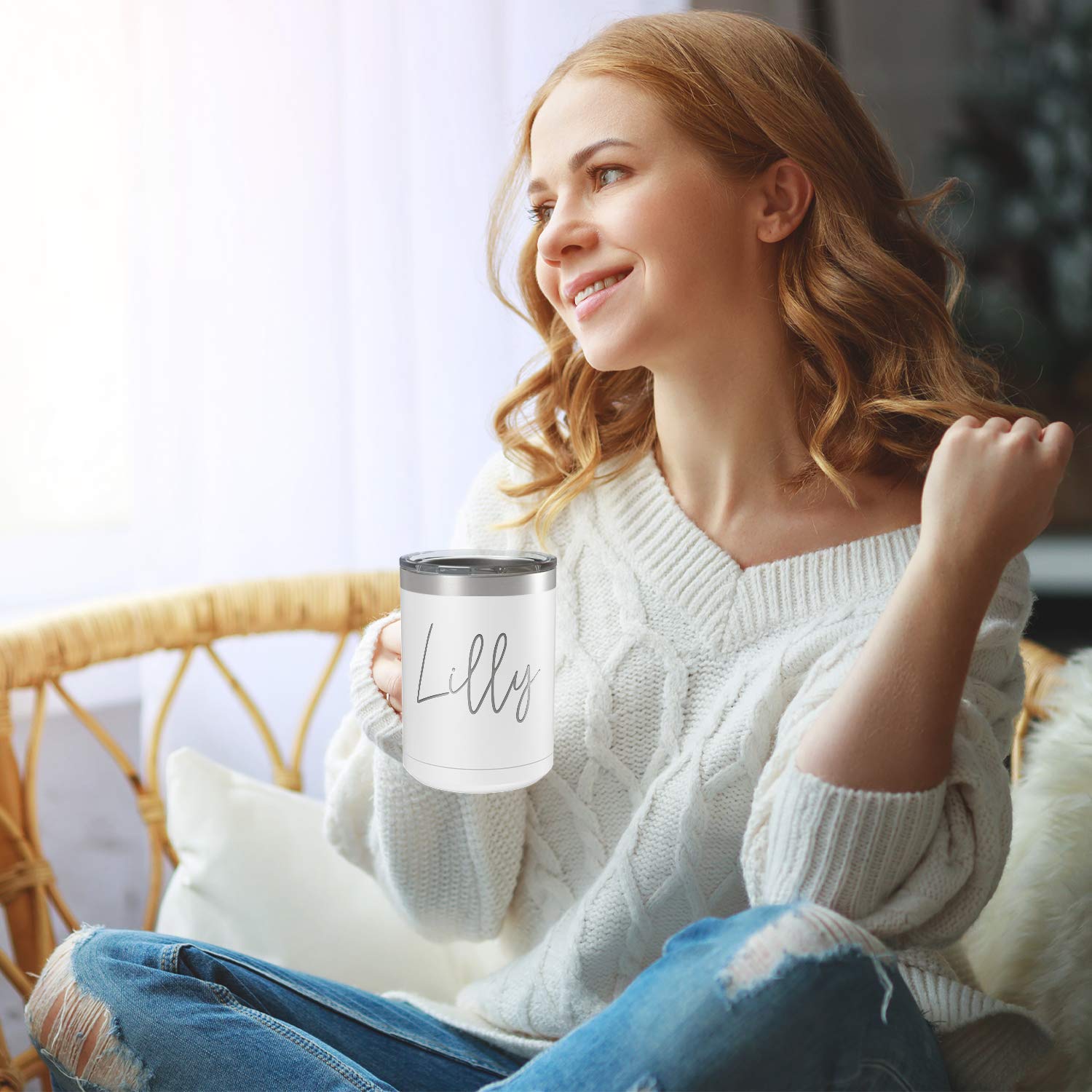 Custom Engraved 15 oz White Matte Stainless Steel Vacuum Insulated Coffee Mug - Personalized Gift with Handle for Office, Home & Travel Use