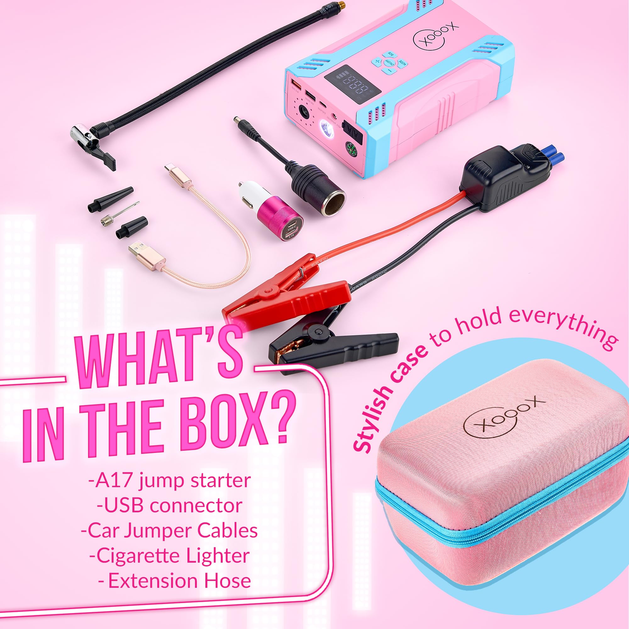 XoooX A17 Portable Car Battery Jump Starter Kit with Built-in Tire Pump - 2000A Peak 12V Jump Starter for Cars, Trucks & SUVs - USB/USB-C Charger for Phones & Devices - Includes Jumper Cables, LED Light & Hard Case - Perfect for Road Trips, Emergencies & Outdoor Adventures