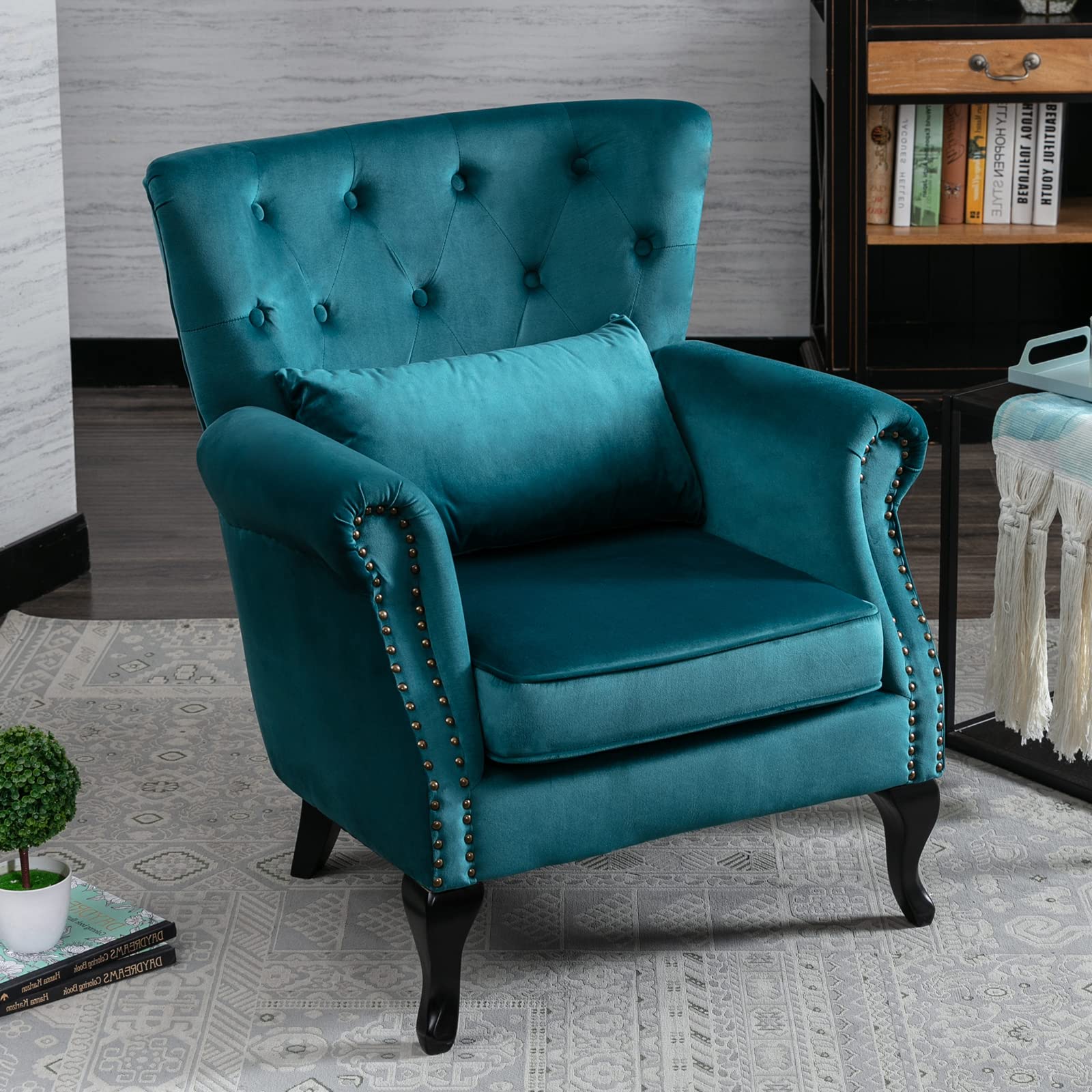 LZAREAL Mid Century Modern Accent Chair - Velvet Tufted Wingback Club Chair with Lumbar Pillow, Comfy Reading Armchair for Living Room & Bedroom - Perfect for Home Office, Lounge, and Waiting Room Decor (Teal)