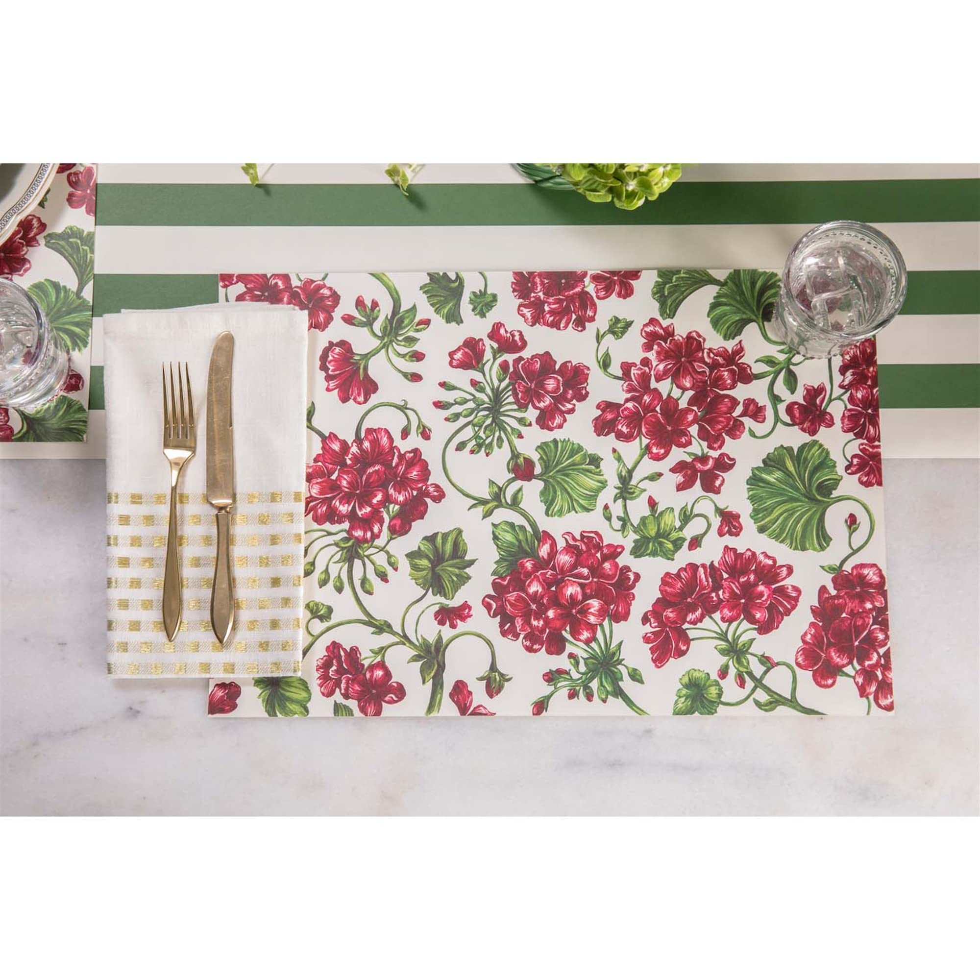 Floral Paper Placemats for Dining Table - Square Geraniums Disposable Placemats for Spring & Summer - 24 Sheets Per Pad | Perfect for Parties, Picnics & Outdoor Dining | Made in USA