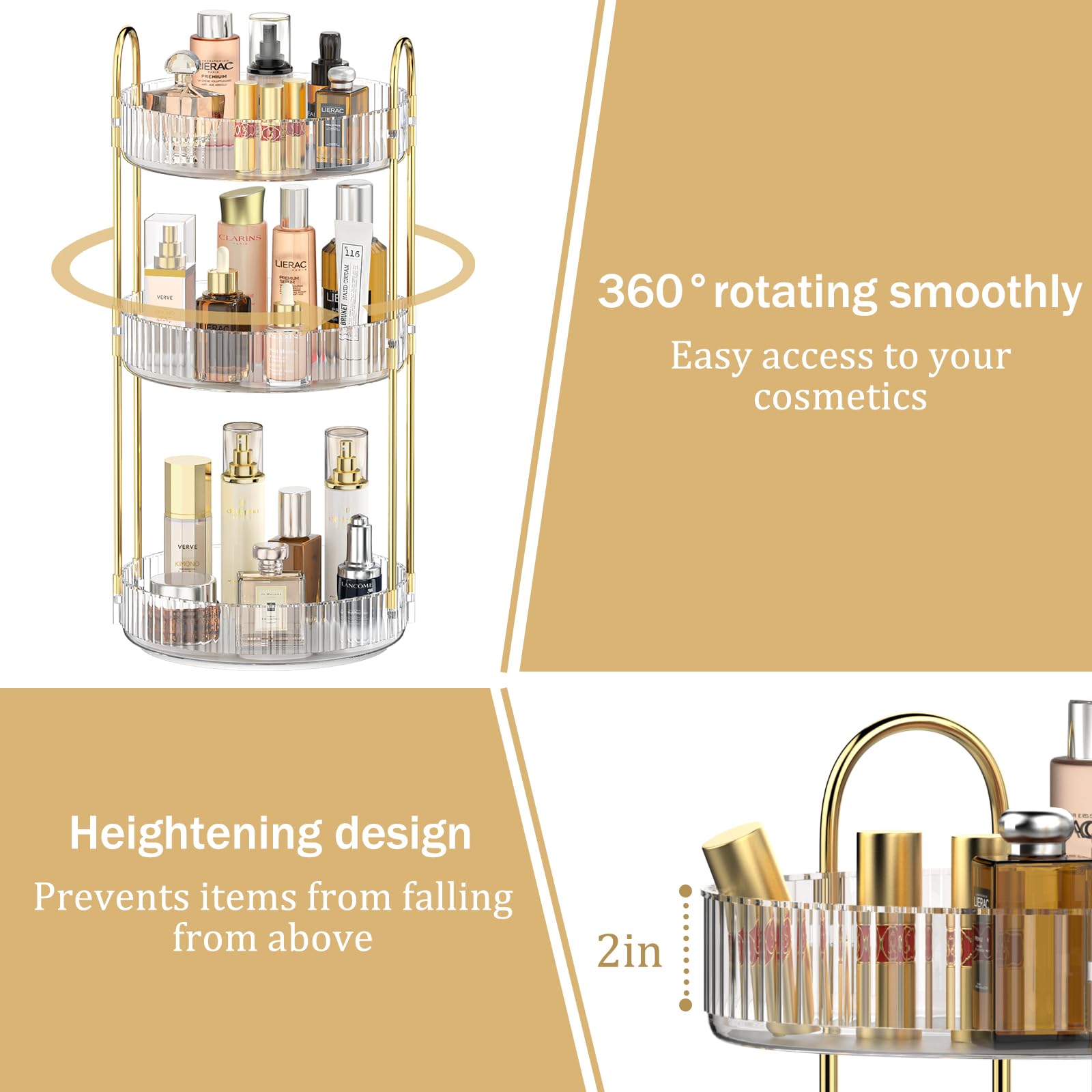 MOKANI 360° Rotating Makeup Organizer - 3-Tier Adjustable Spinning Cosmetic Storage for Perfume, Skincare & Beauty Products | Clear Acrylic Vanity Organizer for Bedroom, Dresser, Bathroom Countertop | Perfect for Makeup Lovers & Beauty Enthusiasts