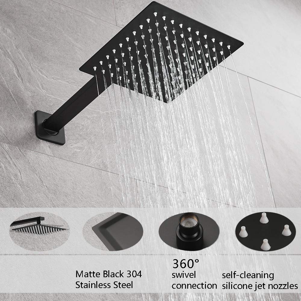 Matte Black Shower Faucet Set - Single Function Shower Trim Kit with Rough-in Valve & Square Rain Shower Head System | Extra Long Shower Arm for Modern Bathroom | Perfect for Spa-Like Showers and Luxury Bathroom Upgrades