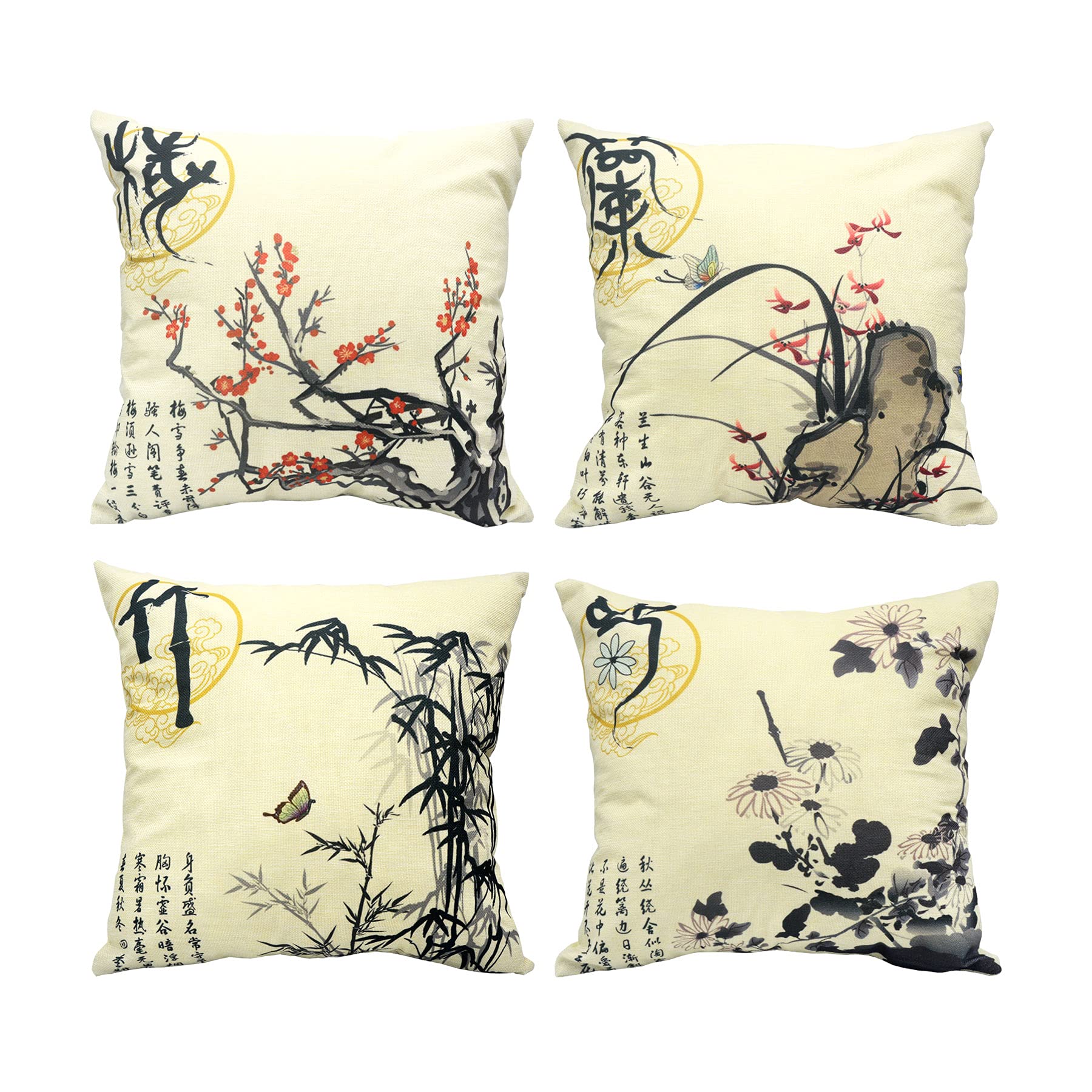 LIGICKY Set of 4 Farmhouse Decorative Throw Pillow Covers - 18x18 Inch Chinoiserie Ink Style Linen Pillow Cases for Sofa, Couch, Bed & Outdoor Decor - Perfect for Living Room, Patio and Home Styling
