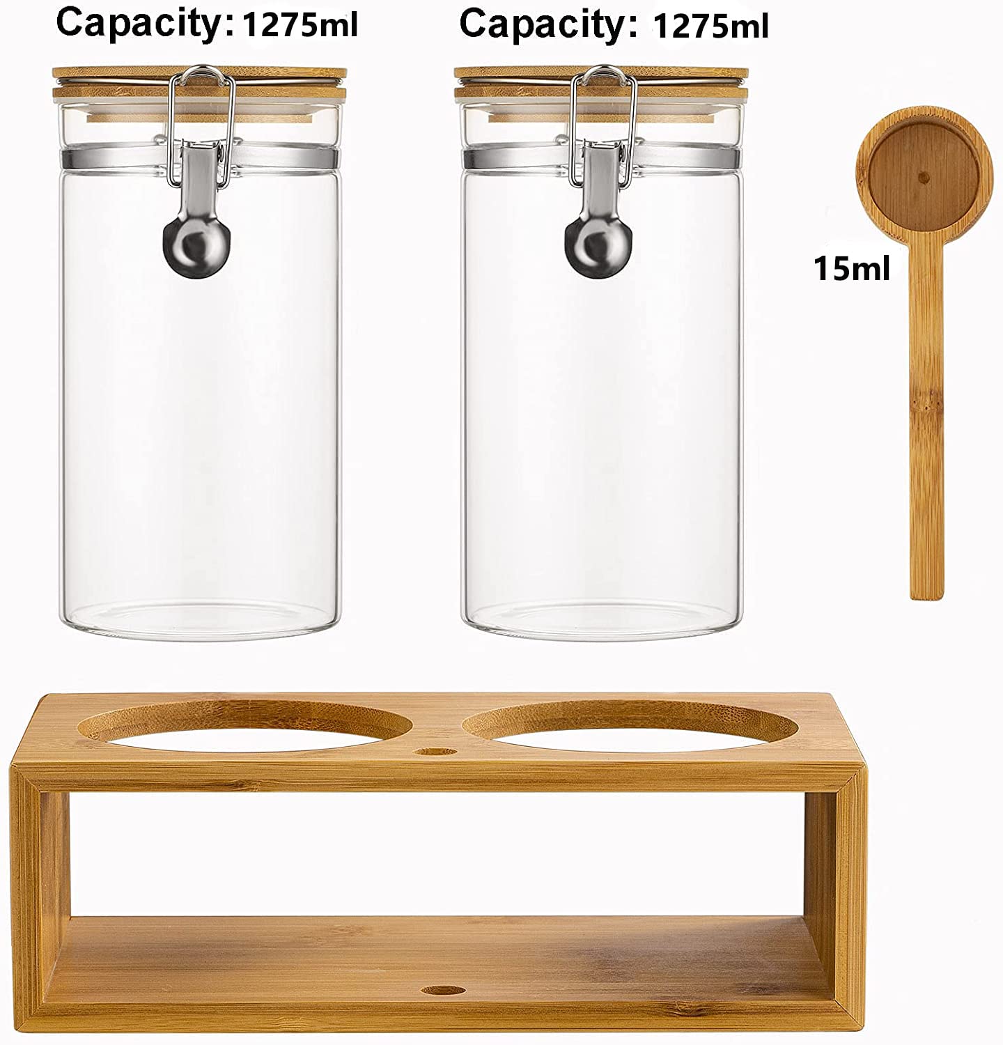 Yangbaga 45OZ Glass Coffee Canister Set of 2 - Airtight Ground Coffee Storage Containers with Scoop for Kitchen, Coffee Bar & Pantry Organization - Perfect for Coffee Station Decor & Food Storage