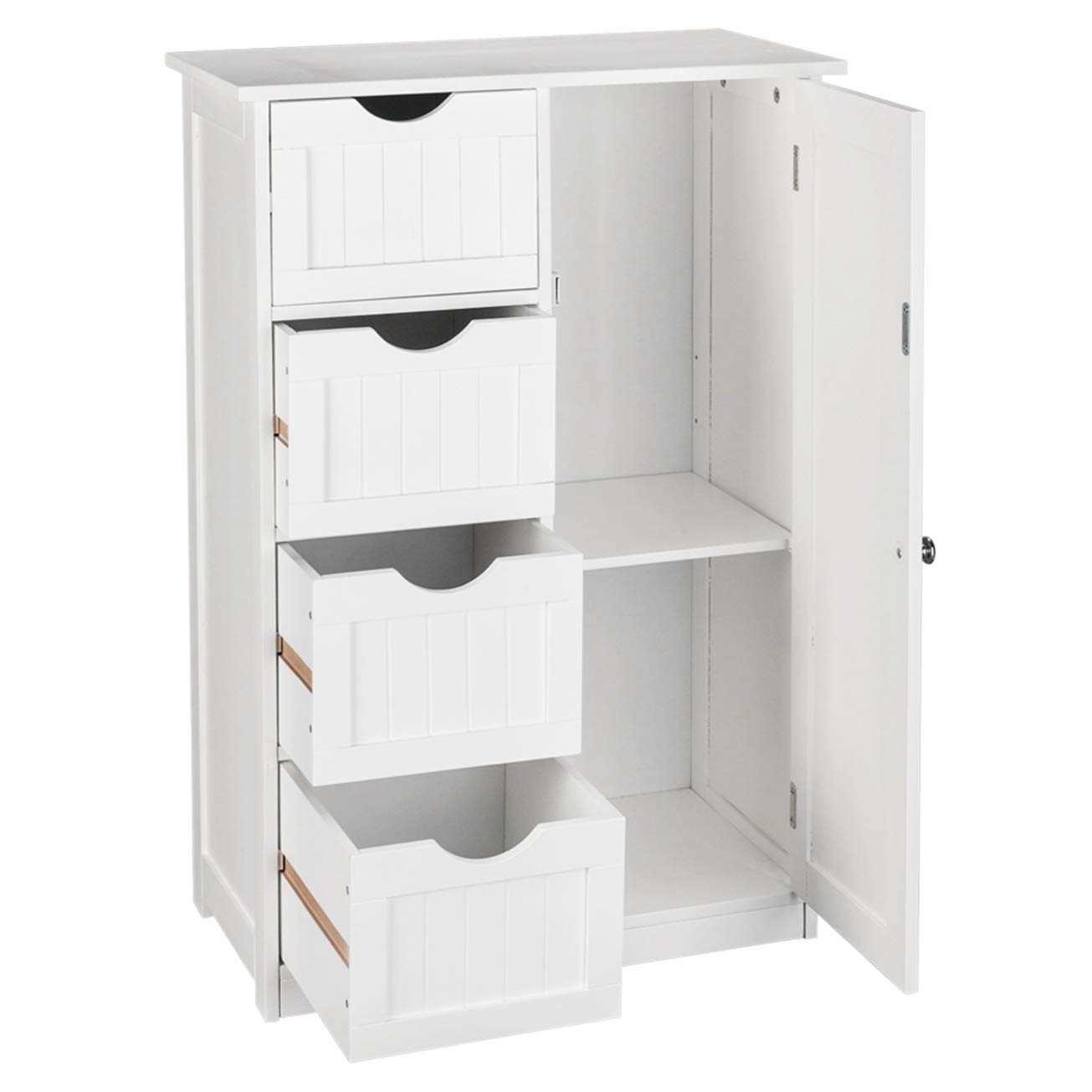 White Single Door Bathroom Storage Cabinet with 4 Drawers - Multifunctional Floor Organizer for Bathroom, Bedroom, or Laundry Room - Space Saving Storage Rack Stand for Towels, Toiletries & Cleaning Supplies