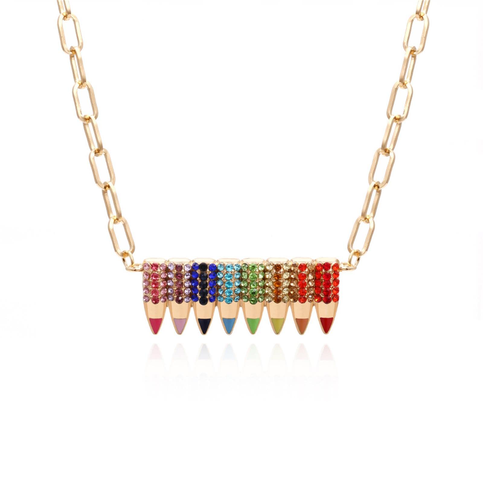 KIFEDSLJ Funny Pencil Pendant Necklace - Colorful Shine Crystal Pencil Link Chain Jewelry for Women, Teen Girls, Teachers & Students - Perfect Back to School Gift, Teacher Appreciation & Friendship Jewelry - Great for Classrooms, Graduations & Everyday Wear