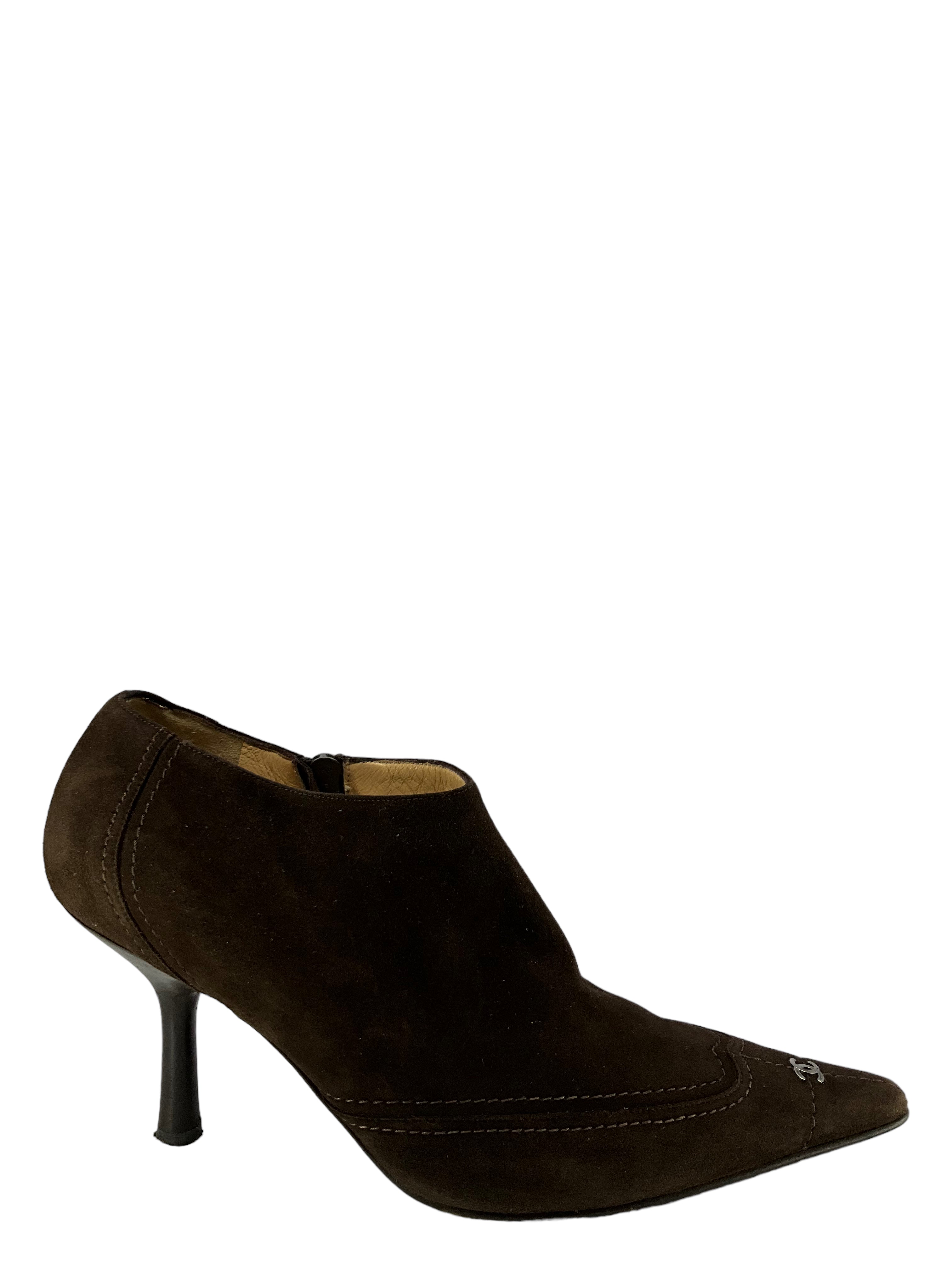 Chanel Brown Suede Pointed Toe Ankle Boots Women's Size 9 | Luxury Designer Booties for Fall Winter Fashion, Date Night & Office Wear