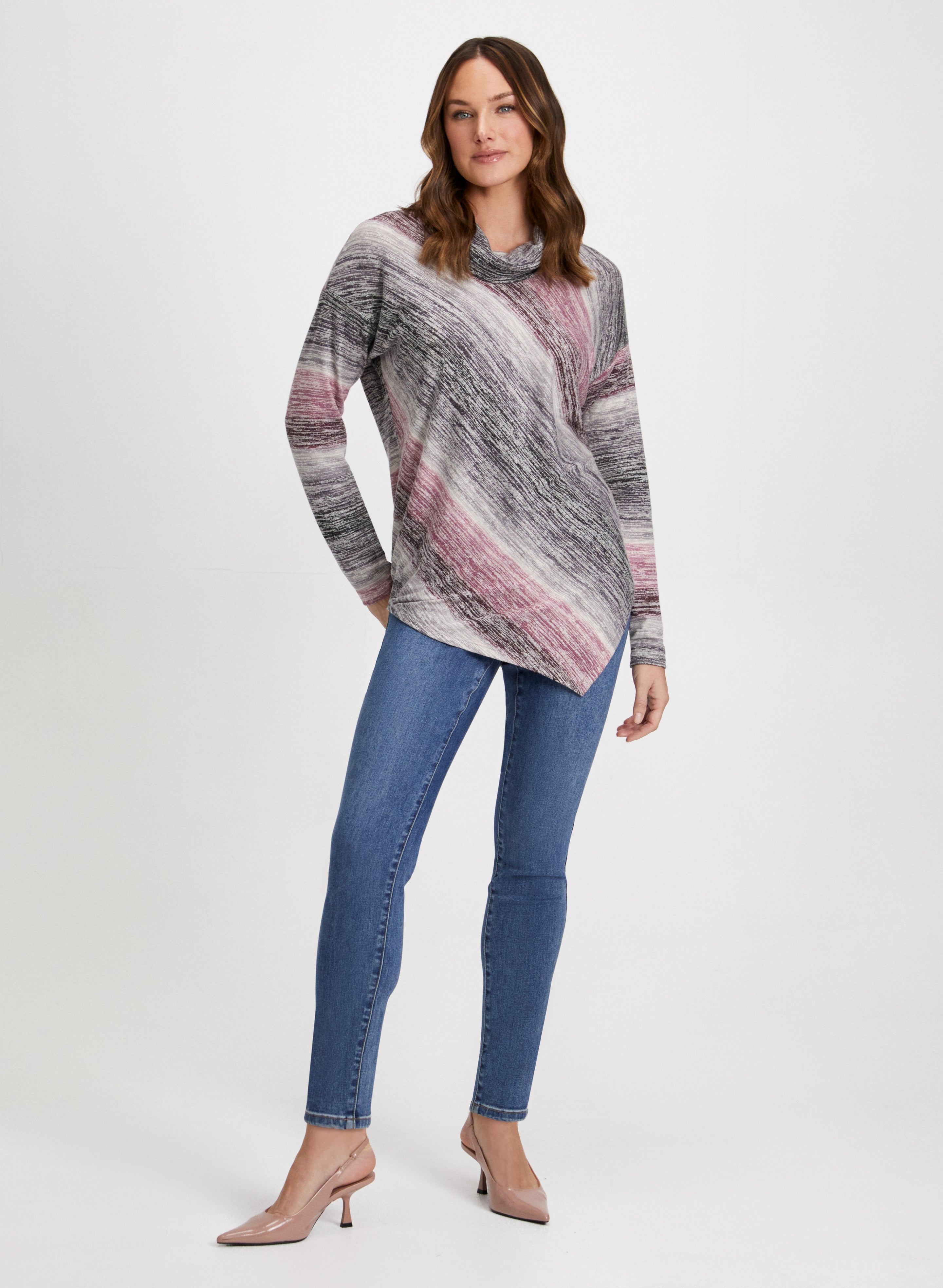 Trendy Asymmetric Stripe Print Women's Tops & Slim Leg Jeans Set - Casual Outfit for Streetwear, Dating & Daily Wear