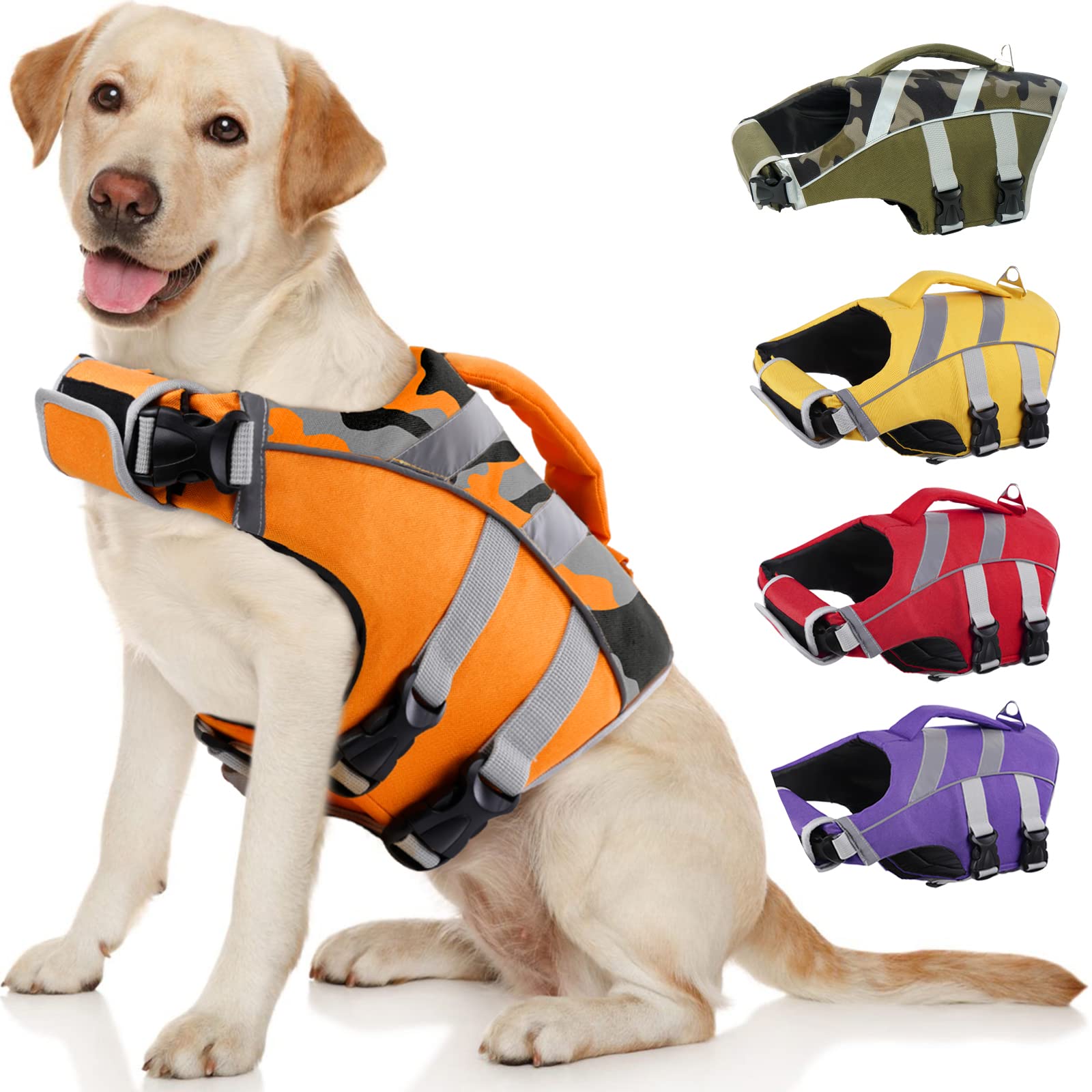 Kuoser Reflective Dog Life Jacket - Adjustable High Visibility Ripstop Pet Life Vest with Flotation Swimsuit for Small, Medium & Large Dogs - Perfect for Swimming, Boating & Water Safety