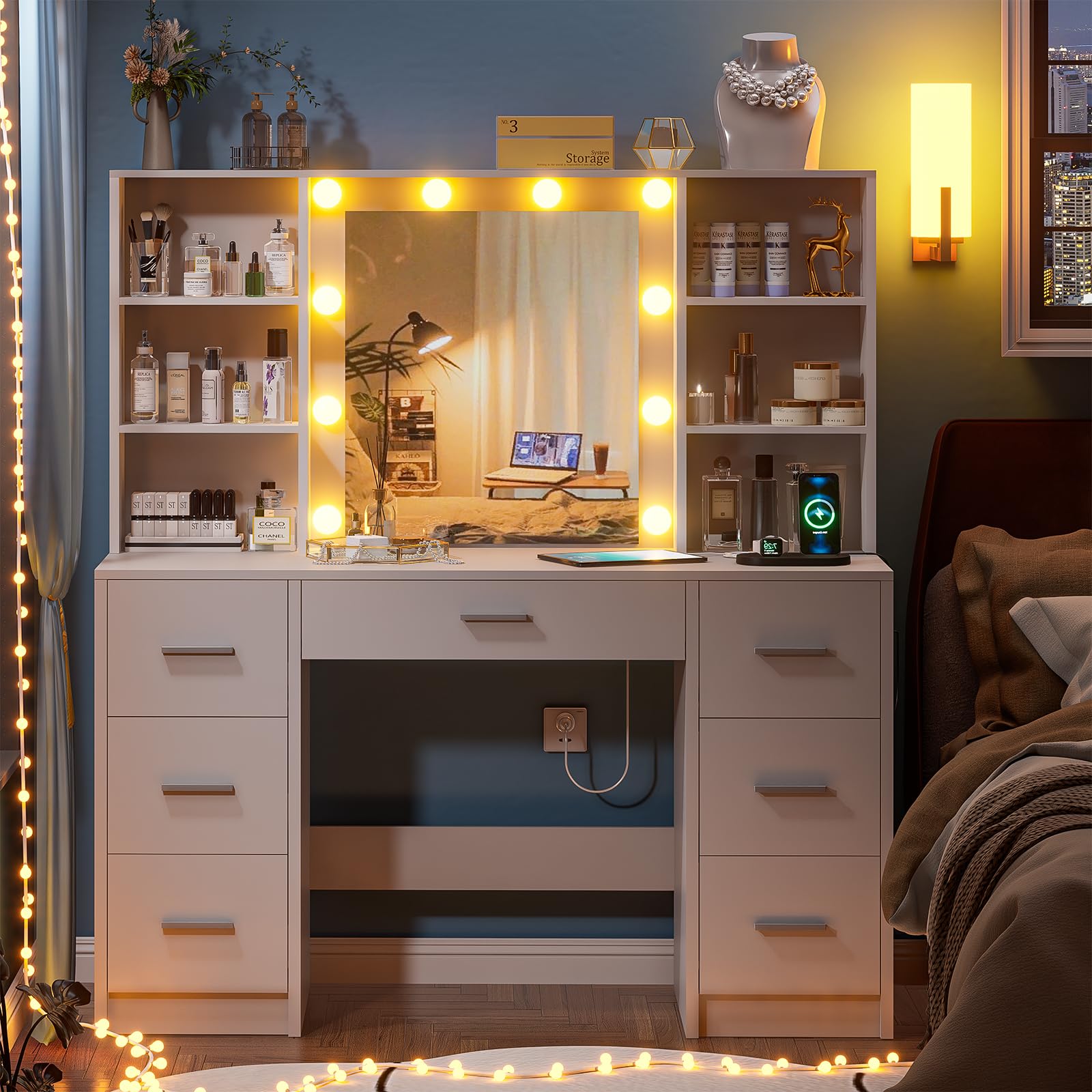 Large Vanity Desk with Mirror & 10 LED Lights - Makeup Dressing Table with Power Outlet, 7 Drawers & 6 Storage Shelves - 3 Lighting Modes - White Vanity Table for Bedroom, Home Decor & Beauty Room Organization