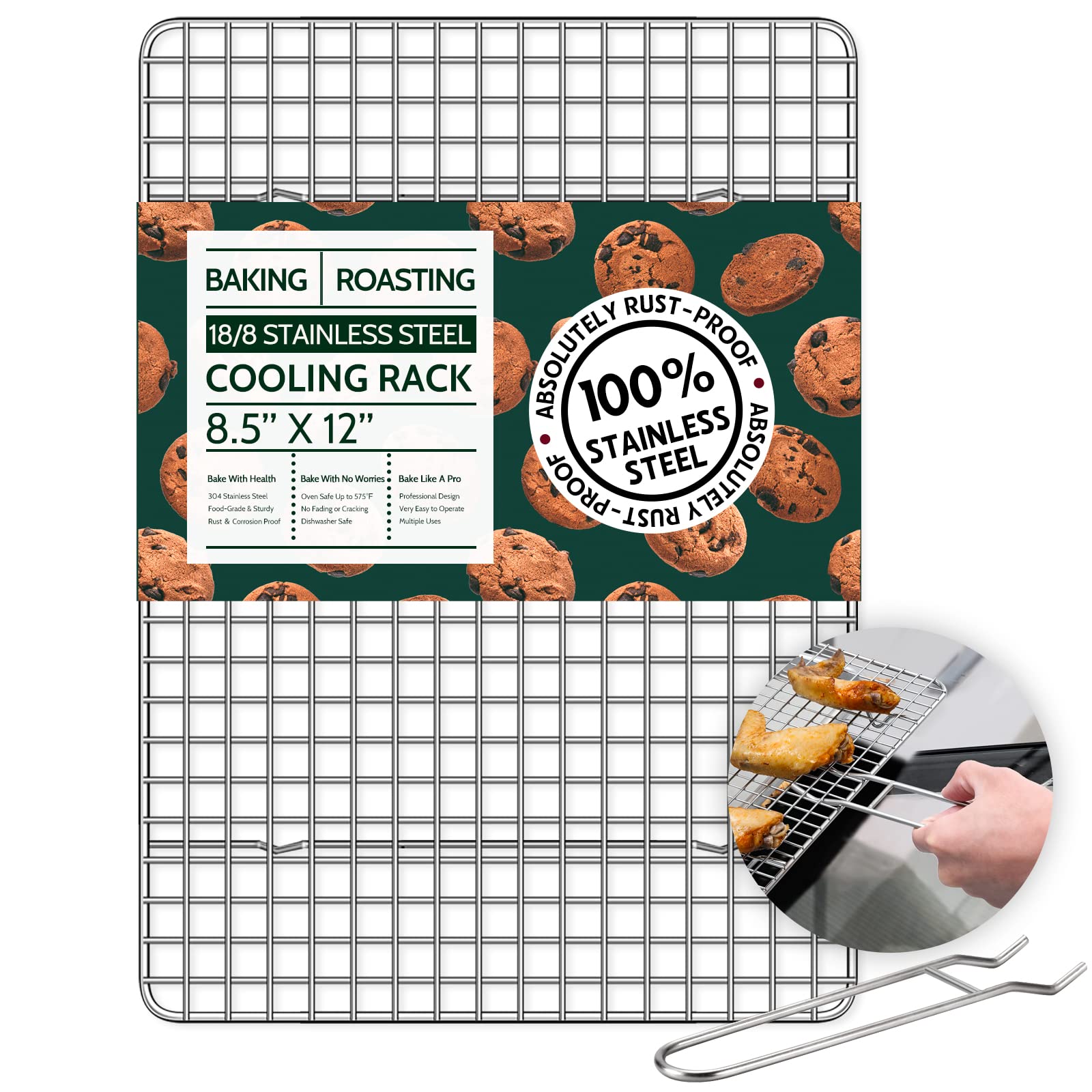 Premium 18/8 Stainless Steel Cooling Rack for Baking - 8.5”x12” Oven Safe Wire Rack with Lifting Handle | Perfect for Cooking, Roasting, Grilling | Fits Quarter Sheet Pan | Dishwasher Safe | Ideal for Cookies, Cakes, Bread & Meat Cooling