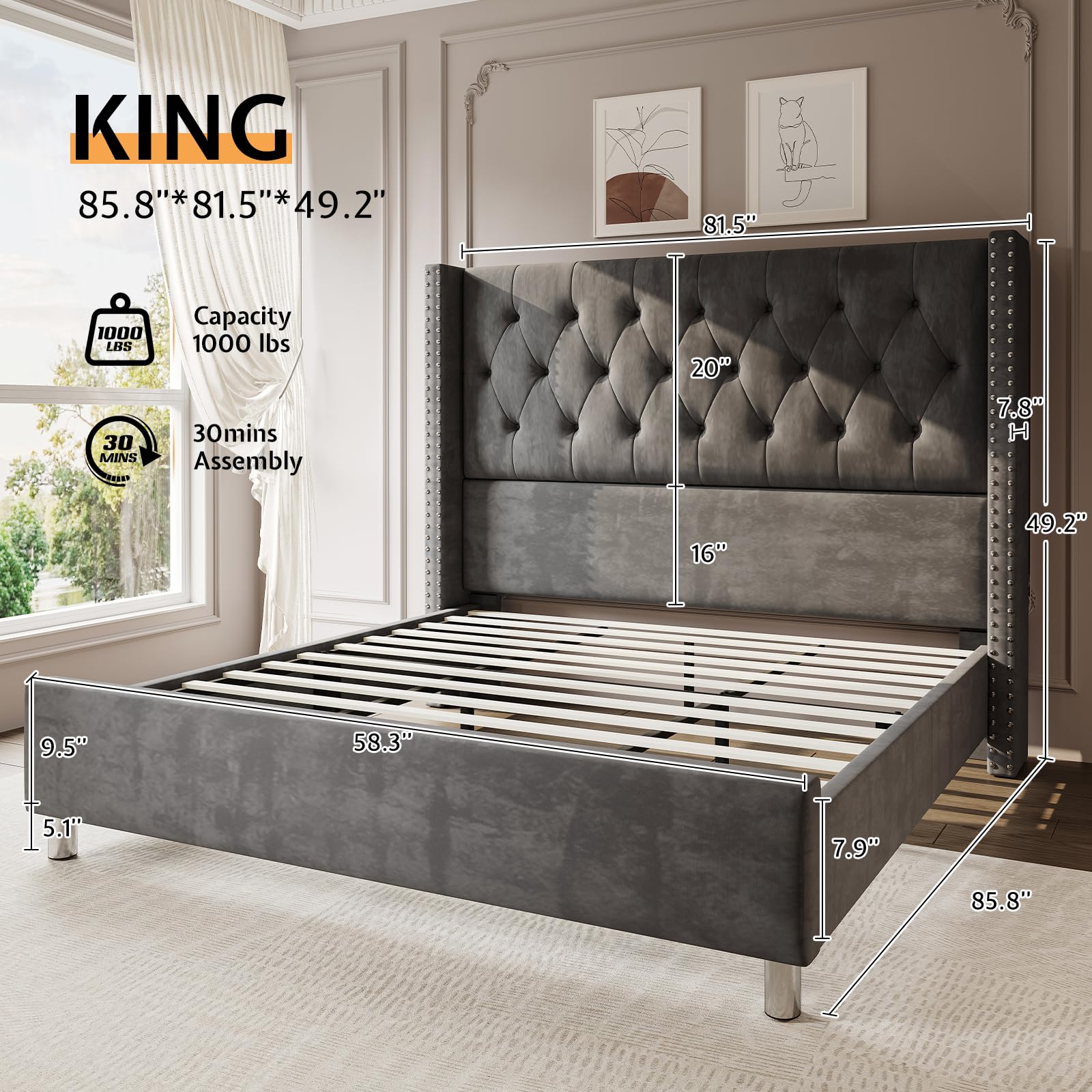 Luxury Velvet Upholstered King Size Bed Frame with Tall Wingback Headboard - Tufted Button Design, No Box Spring Needed, Easy Assembly, Grey - Perfect for Master Bedroom & Modern Home Decor