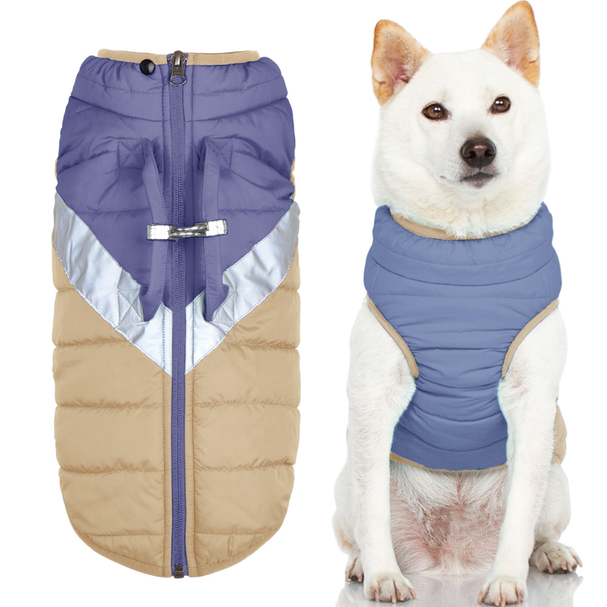 Gooby Mountaineer Dog Jacket - Quantum Blue, Large - Waterproof Winter Coat with Warm Fleece Lining, Lift Handle & Dual O-Ring Leash - Small & Medium Dog Clothes for Cold Weather - Perfect for Hiking, Snow Play & Outdoor Adventures