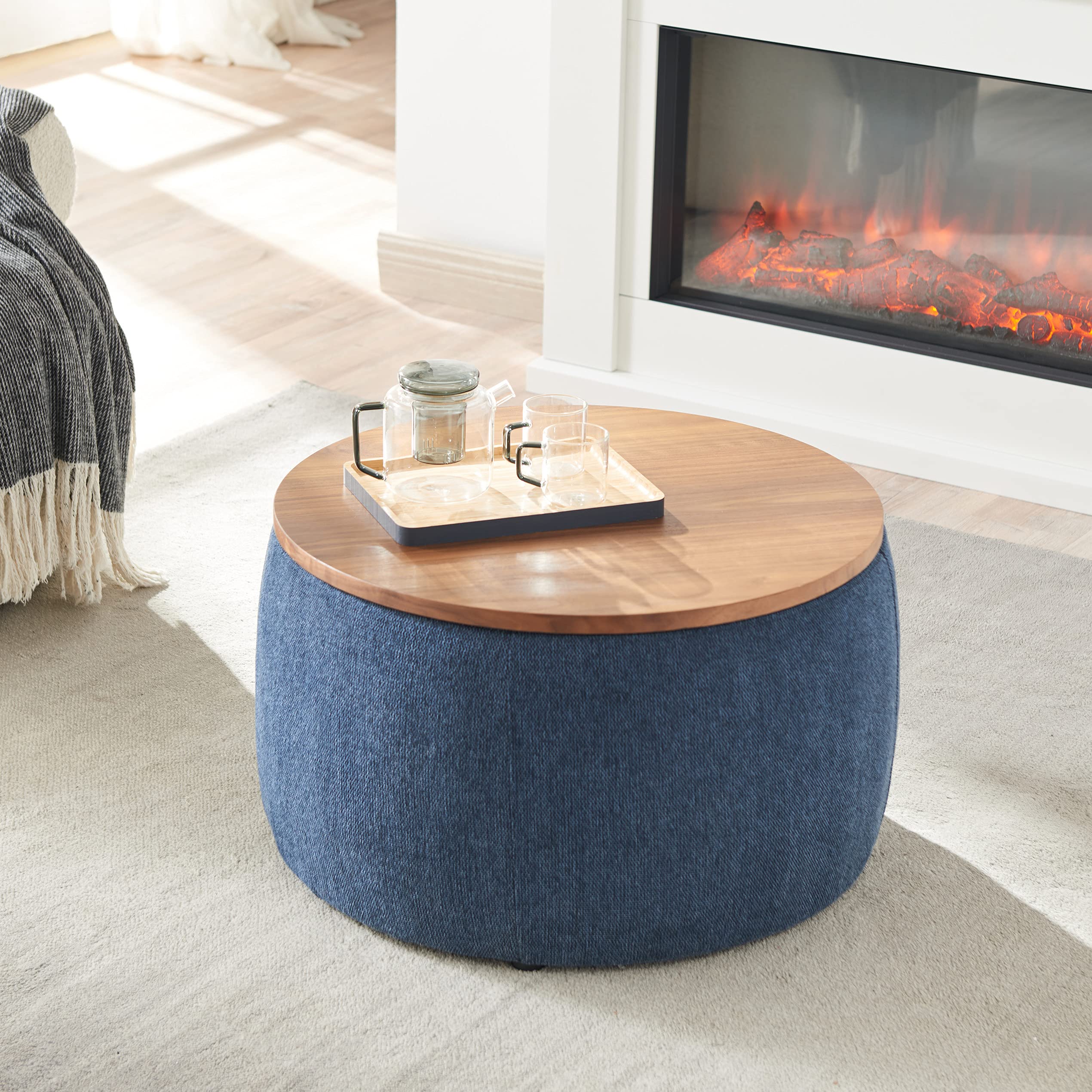 Round Velvet Storage Ottoman with Tufted Design - Multi-Functional Footrest Stool, Coffee Table & Bed Bench - MDF Wood Veneer for Living Room, Bedroom (Navy Blue) - Perfect for Small Space Organization & Stylish Home Decor