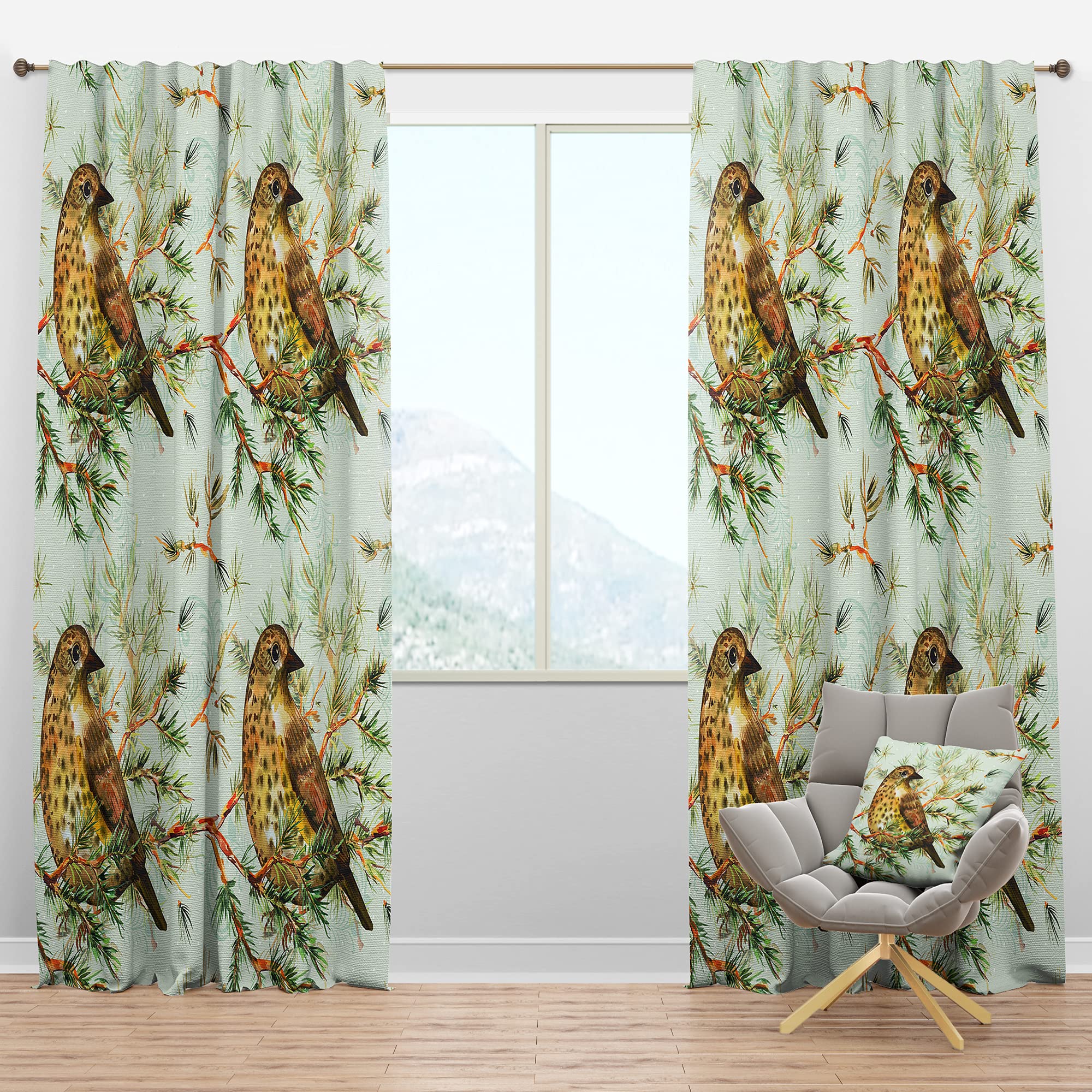Blackout Curtains 'Small Cute Bird on Pine Branch' - Thermal Insulated Bedroom & Living Room Drapes - Single Panel 52x63 Inches - Perfect for Nursery, Kids Room & Home Decor