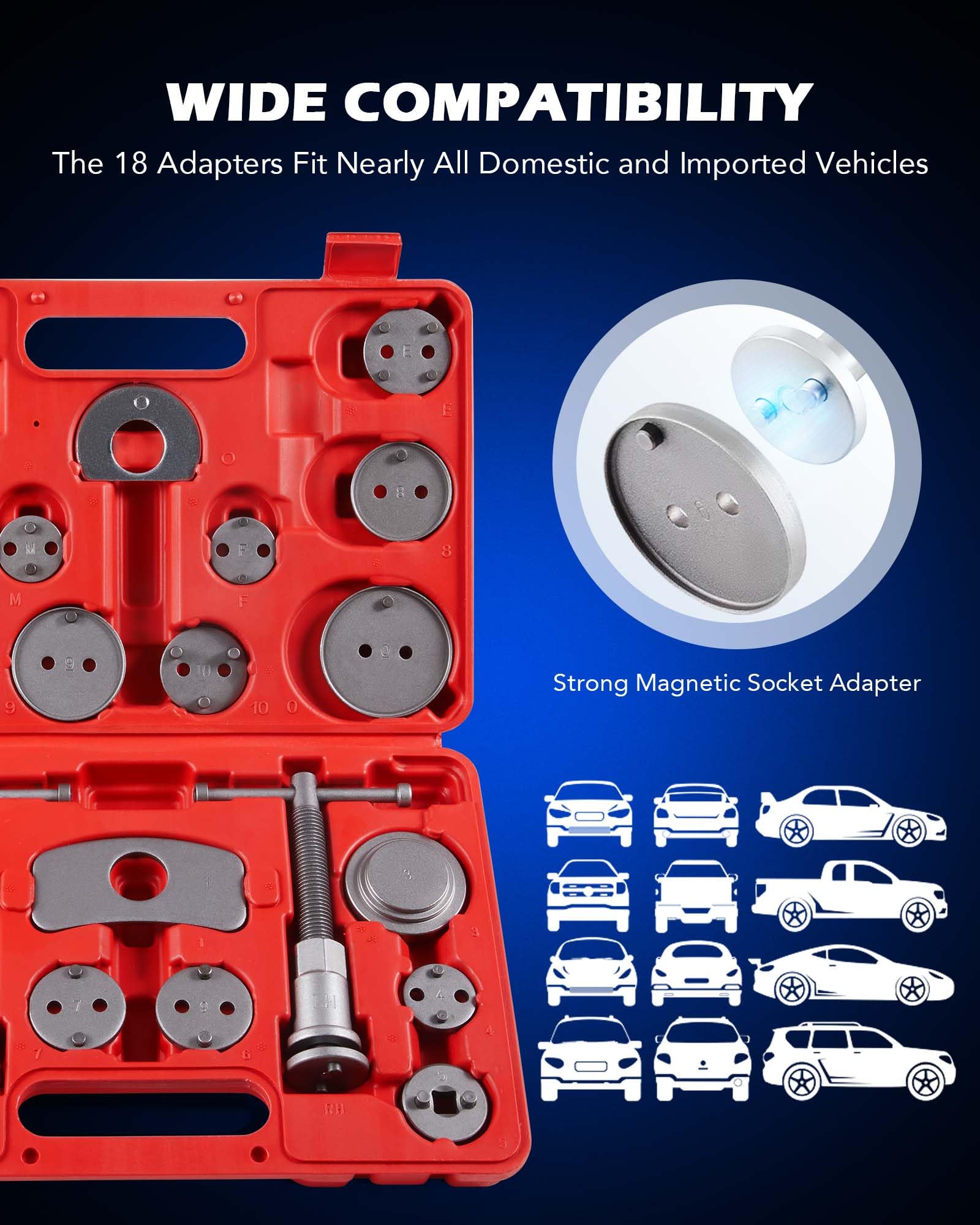 Orion Motor Tech 24-Piece Heavy Duty Brake Caliper Compression Tool Kit with Thrust Bolt Assemblies & 18 Disc Adapters - Professional Brake Pad Replacement & Piston Reset Tool for Car, Truck & SUV Maintenance
