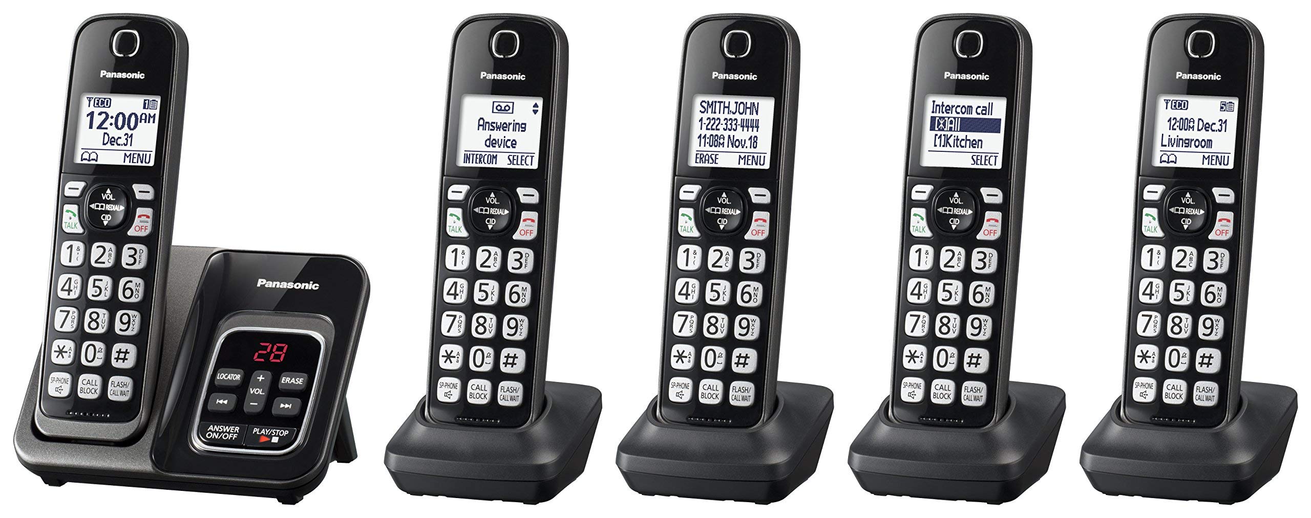 PANASONIC KX-TGD535M Expandable Cordless Phone System with Call Block & Digital Answering Machine - 5 Handsets, Metallic Black (Renewed) - Ideal for Home & Small Business Communication