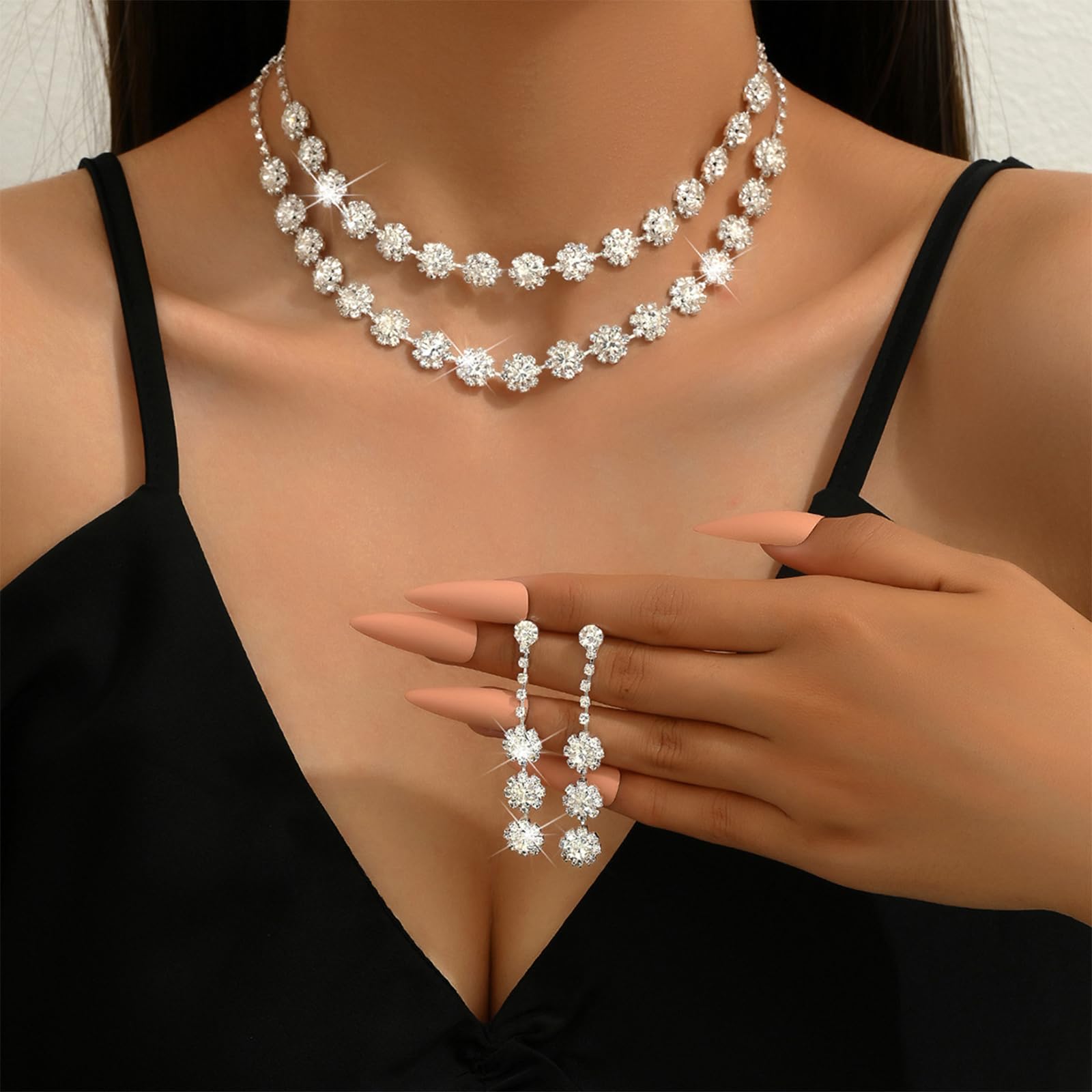 HUASAI Sterling Silver Bridal Jewelry Set - Sparkling Cubic Zirconia Necklace & Earrings for Weddings, Prom, Formal Events | Elegant Wedding Guest Jewelry for Dresses 2024 | Perfect for Bridal Showers, Anniversary Gifts & Special Occasions